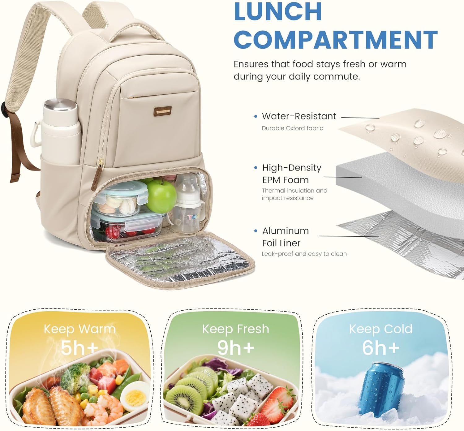 Lunch Backpack 16 Inch Laptop Backpack with Insulated Cooler Lunch Box Food Bag for College Work Camping Picnics (Apricot) - Image 2