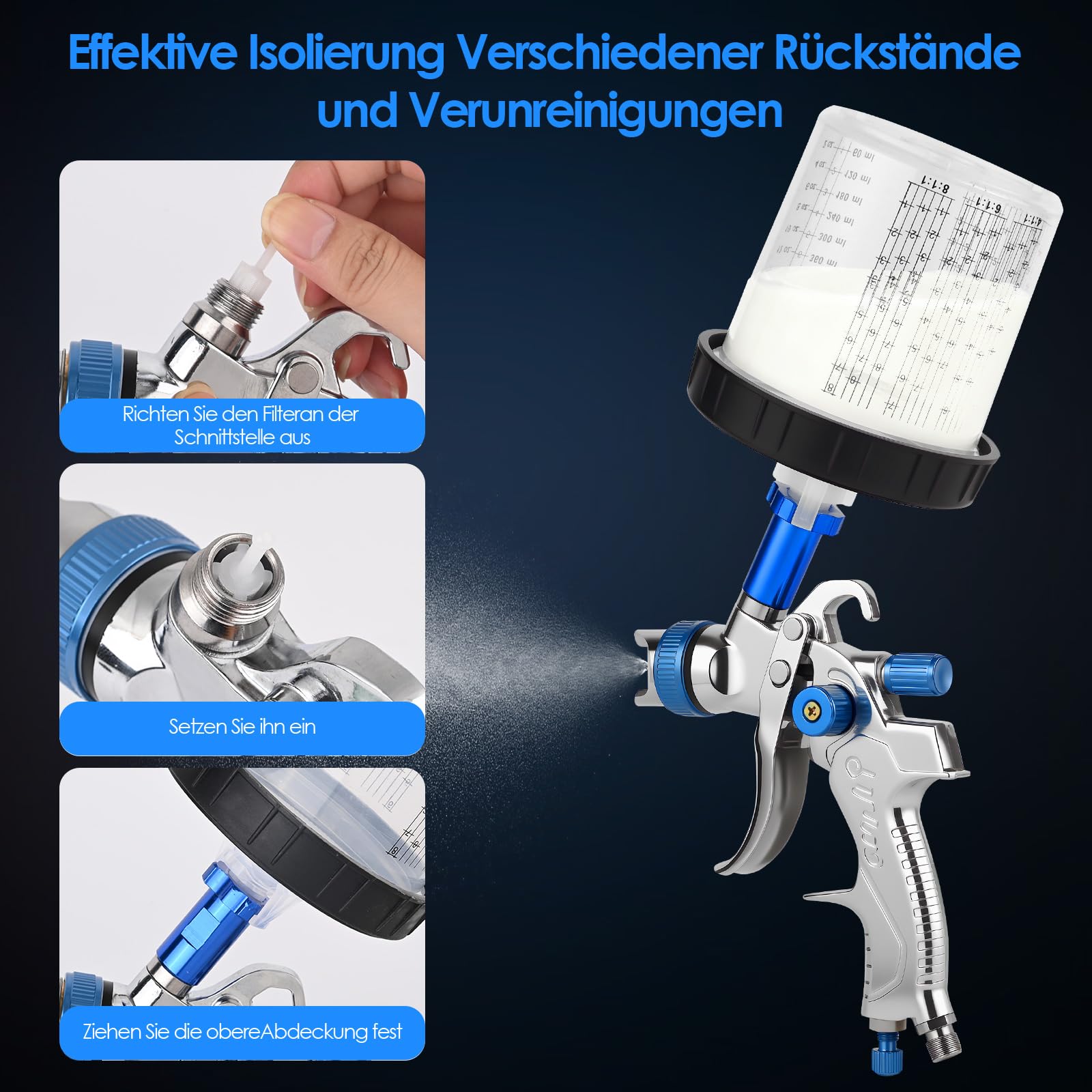 HVLP Lackierpistole Spritzpistole Kit mit 3 Düsen (1,4/1,7/2,0 mm), Profi Lackierpistole Druckluft mit 10 Stück 600ML Einwegbechern Spritzpistole Cups, einstellbarem Luftdruck & Fluss