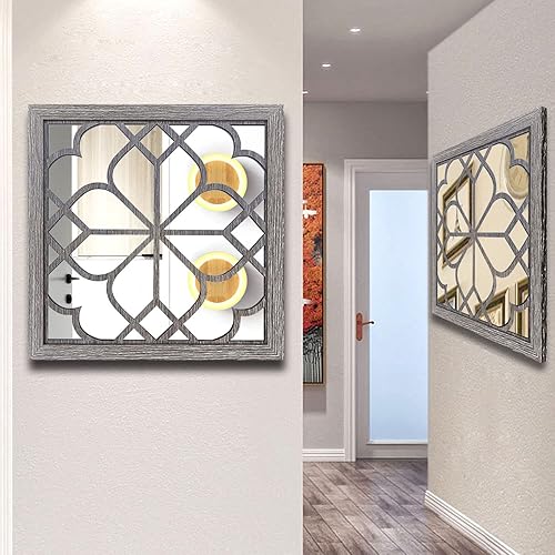 Miniatura 7 de Wocred 2 espejos de pared cuadrados, magnífico espejo rústico de decoración de granja, espejo de entrada de color madera de granero para renovación