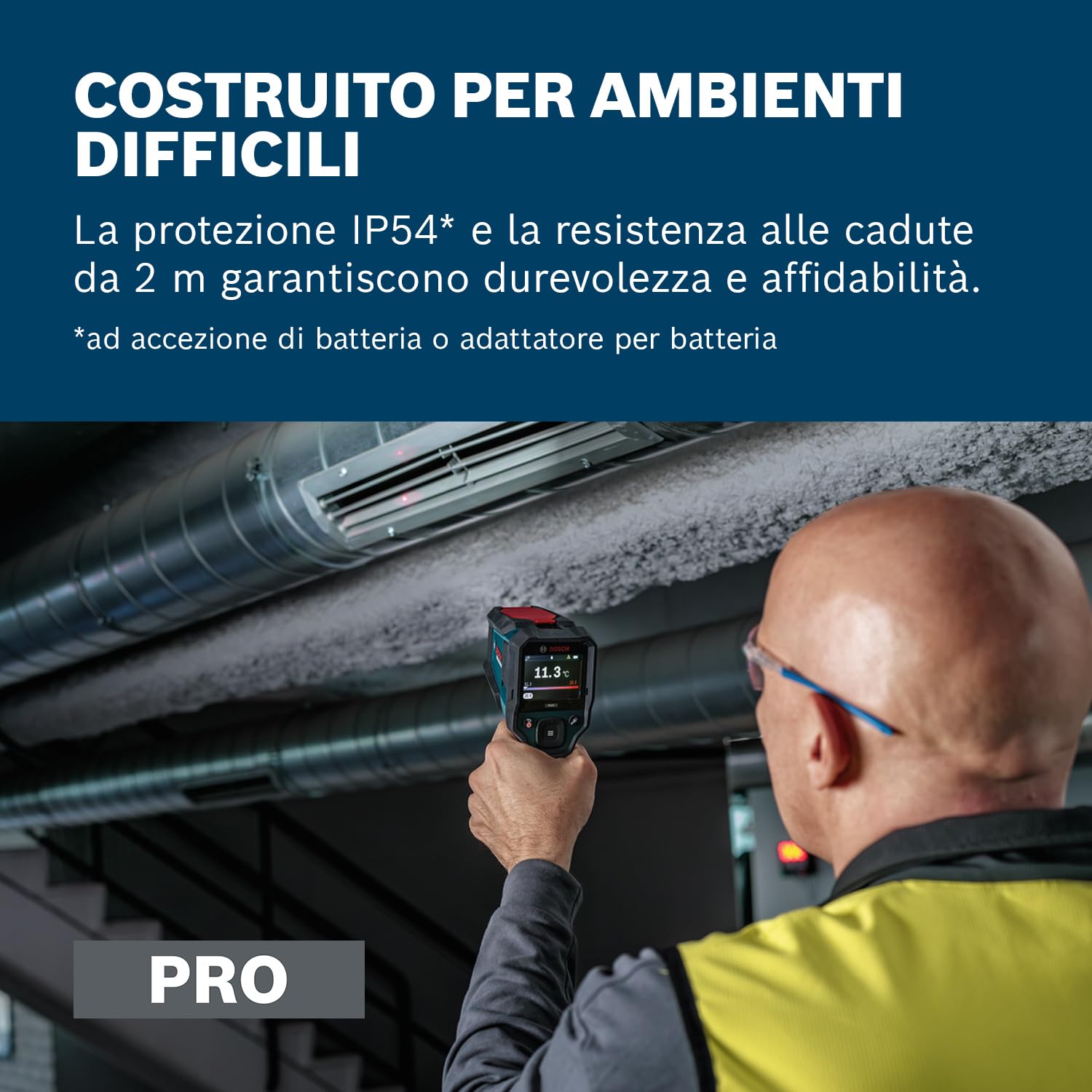 Bosch PRO Termometro a Infrarossi GIS12V‑800‑16 (grande display, interfaccia Tipo K con sonda di superficie, rapporto 20:1, IP54, incl. batteria e caricabatteria)