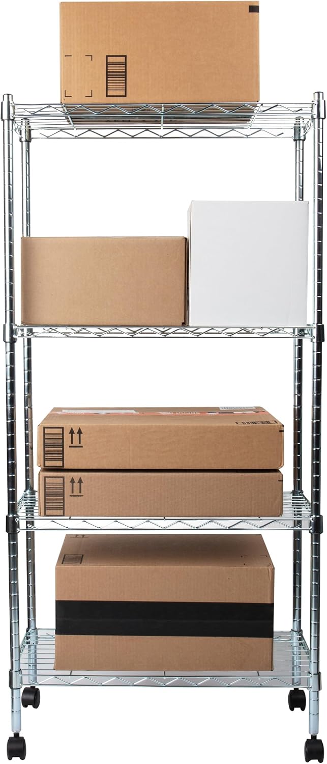 Mind Reader Alloy Collection Adjustable 4-Tier Industrial Storage Shelves with Wheels, Metal, 23.25" L x 13.5" W x 49.5" H, Silver