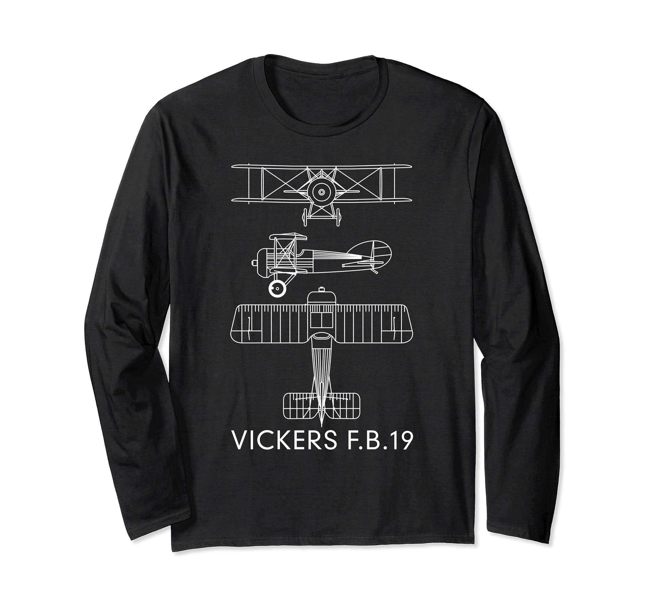 Vickers F.B.19 Fighting Scout Biplane WWI Plane Blueprint Long Sleeve T-Shirt, Black