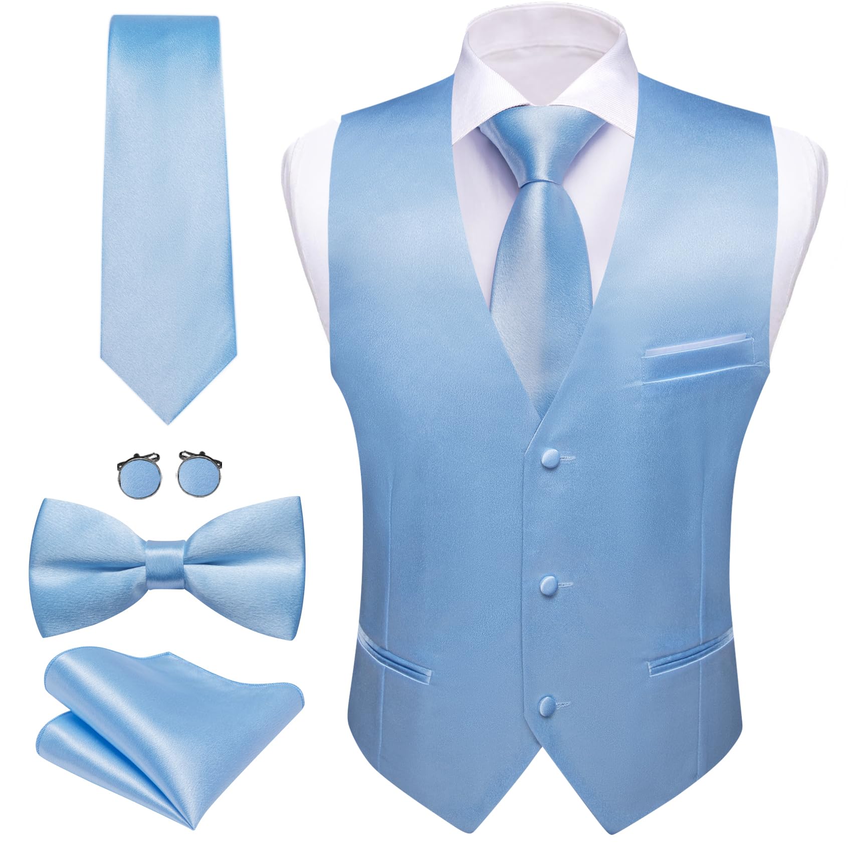 Barry.Wang Mens Formal Business Suit Vest Slim Fit Casual Solid Color Dress Waistcoat Tie Bow Tie Set Wedding Party