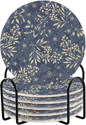 Happy New Year Cotton Coasters 4 Inch Set with Holder 6 Pack Absorbent Coasters for Drinks Absorbent Coasters for Wooden Table Home Decor