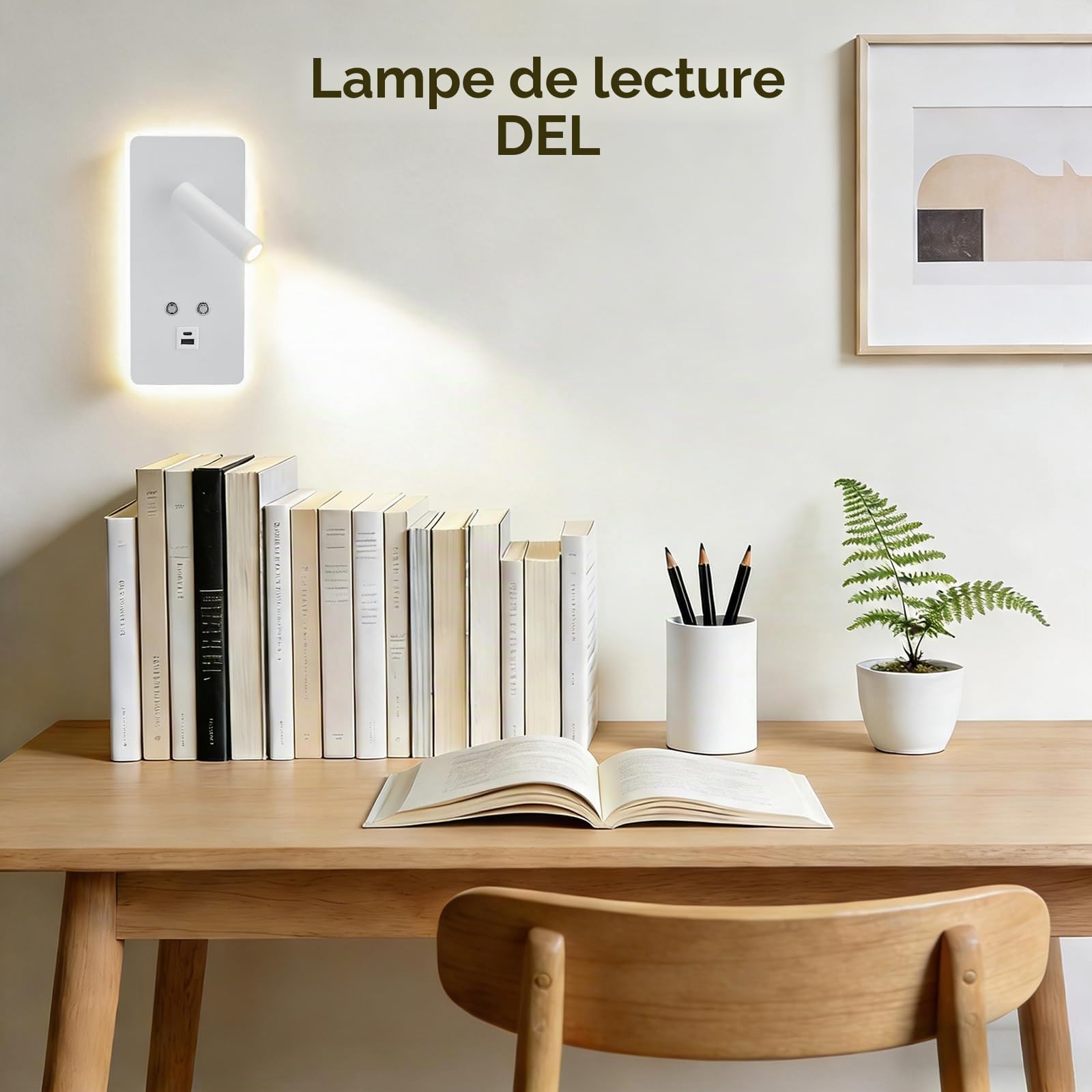2Pcs Liseuse Applique Murale LED avec Interrupteur, Port USB et Type C, Liseuse de Chevet Dimmable en continu, 3W+9W 3000K Moderne Li-seuse Murale Chambre pour Chambre Salon Hôtel Lire(D)