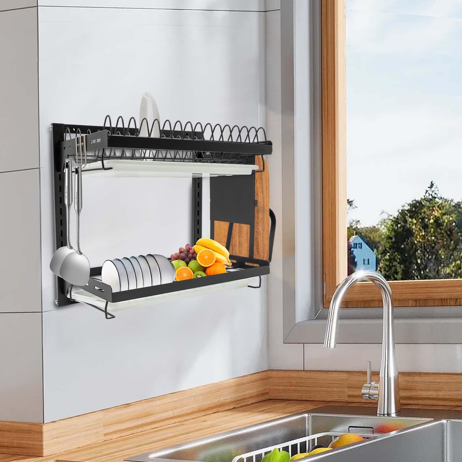 Escurridor de Platos de 2 Pisos Escurreplatos sobre Fregadero Organizador de Utensilios Escurreplatos Dish Drying Rack para Platos Fijación Pared Estante Fregadero para Hogar, Salón Té, Bar