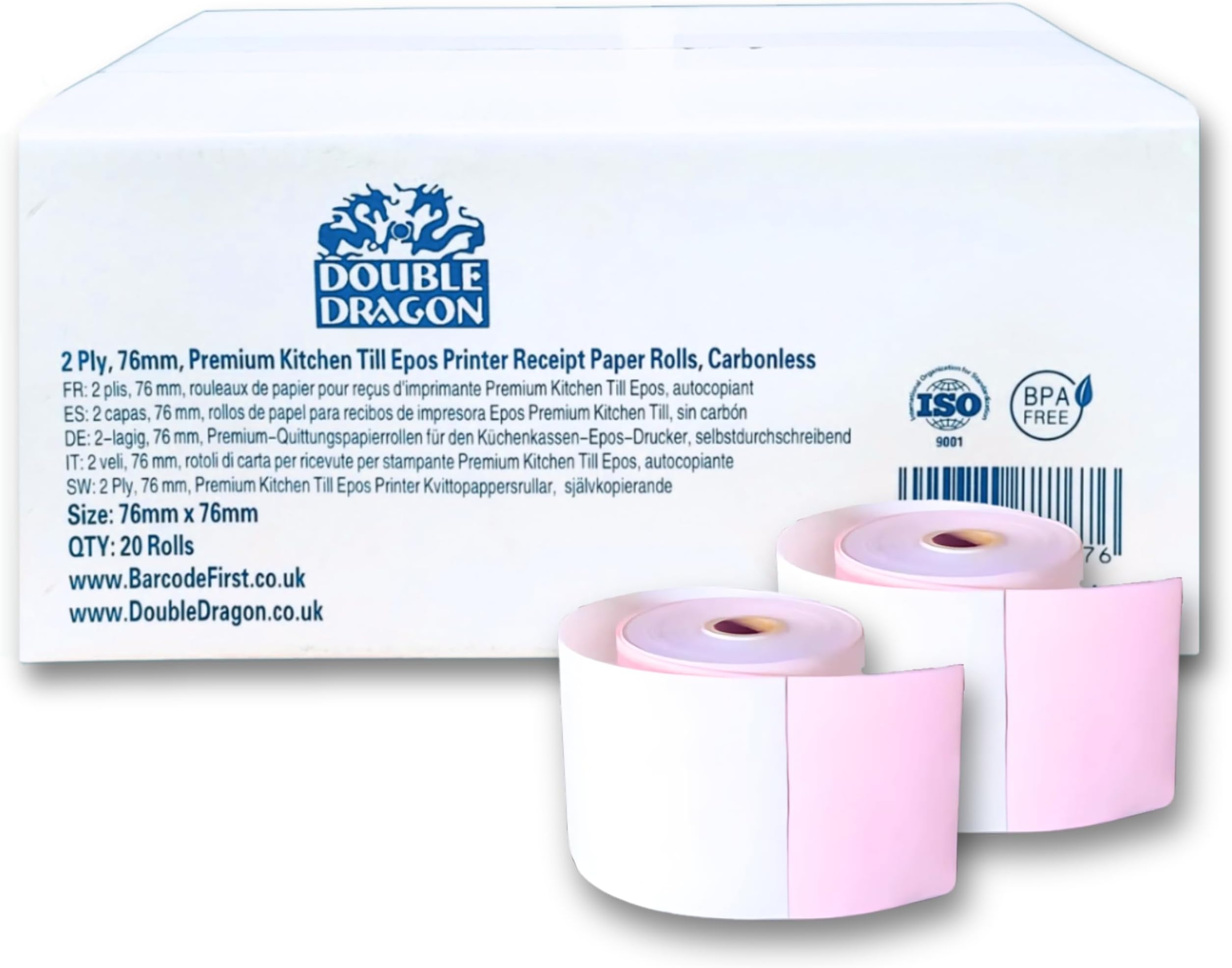 – 76 x 76 2 ply White and Pink Rolls 20 Rolls in A Box