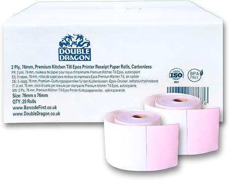 Double Dragon 76 x 76mm 2-Ply Carbonless Paper Roll - for Kitchen, Calculator, Non-Thermal Till POS Receipt & Dot Matrix Impact Printers - Compatible with Star, Clover, Epson, Bixolon [20 Rolls]