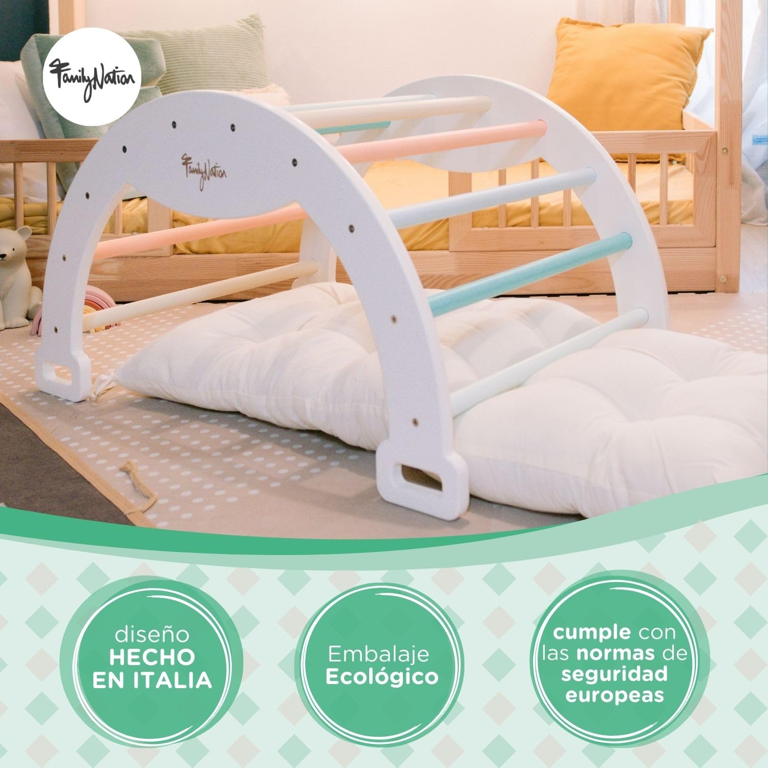 Family Nation, Almohada para el Arco Montessori Rainbow, para Niños a Partir de 6 Meses, de Lana Afelpada, Lavable a Máquina, Made in Italy, 94x44x8 cm
