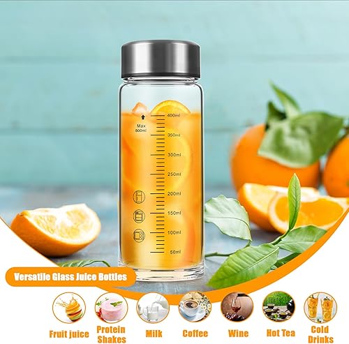 Miniatura 7 de Botellas de vidrio para jugo de 16 onzas, paquete de 4 recipientes reutilizables de boca ancha con tapas de acero inoxidable, botellas agitadoras de