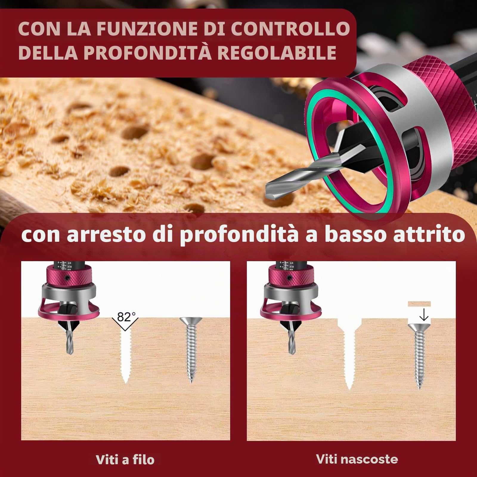 Set di 6 punte per svasatura conica, per legno con arresto di profondità, con attacco esagonale da 1/4", in HSS-M2, fori di precisione, per lavorazione del legno