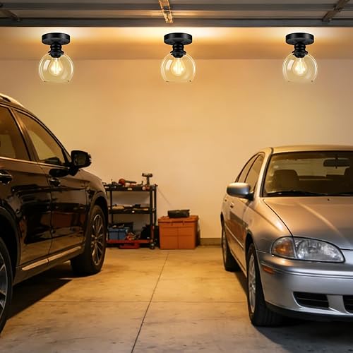 Miniatura 6 de Industrial Semi Flush Mount Ceiling Light, 5.91 Inch Clear Glass Ceiling Lamp Shade, Matte Black Closet Lights, Garage Ceiling Light Fixture for