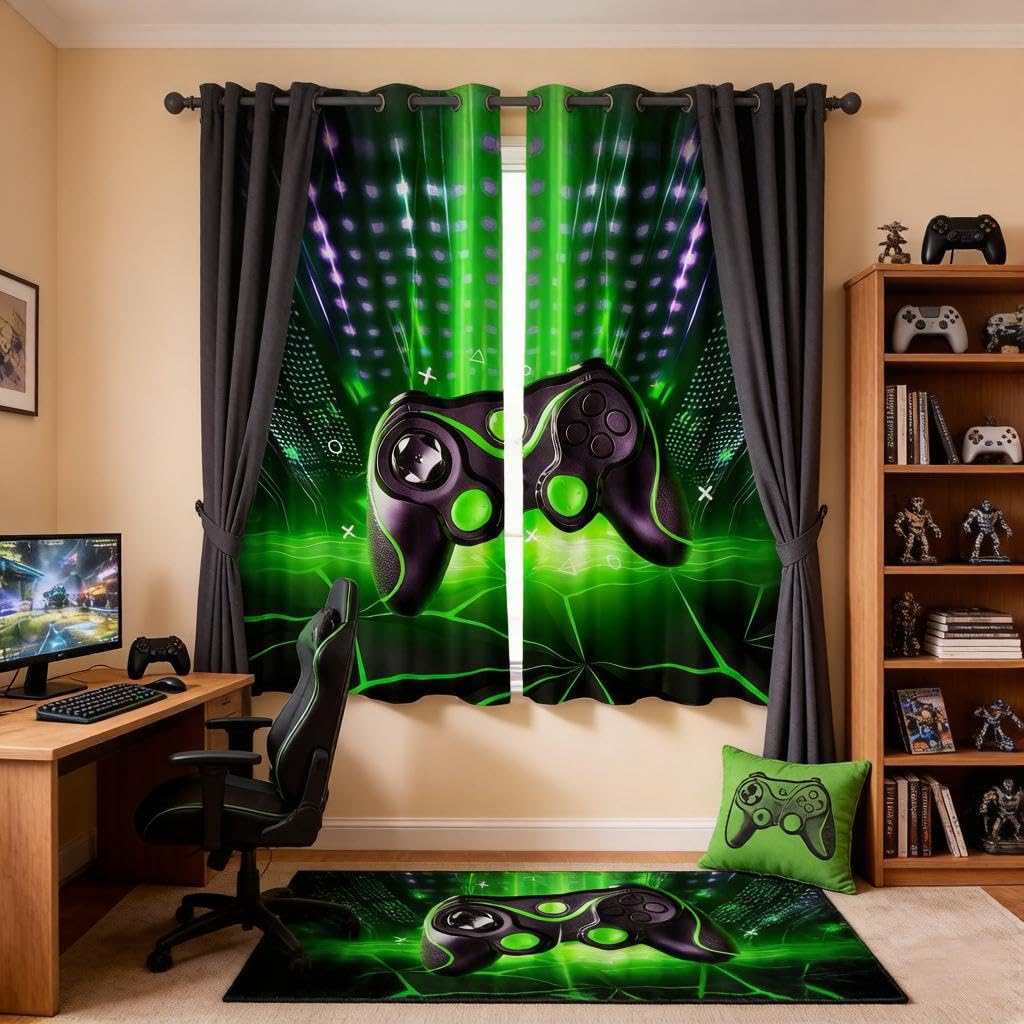 Loussiesd Gamepad Curtains Gamers Gaming Window Curtains for Bedroom Living Room for Kids Boys Girls Console Game Player Window Drapes Gamer Novelty Game Controller Green Window Treatments W66*L90 โ image 1
