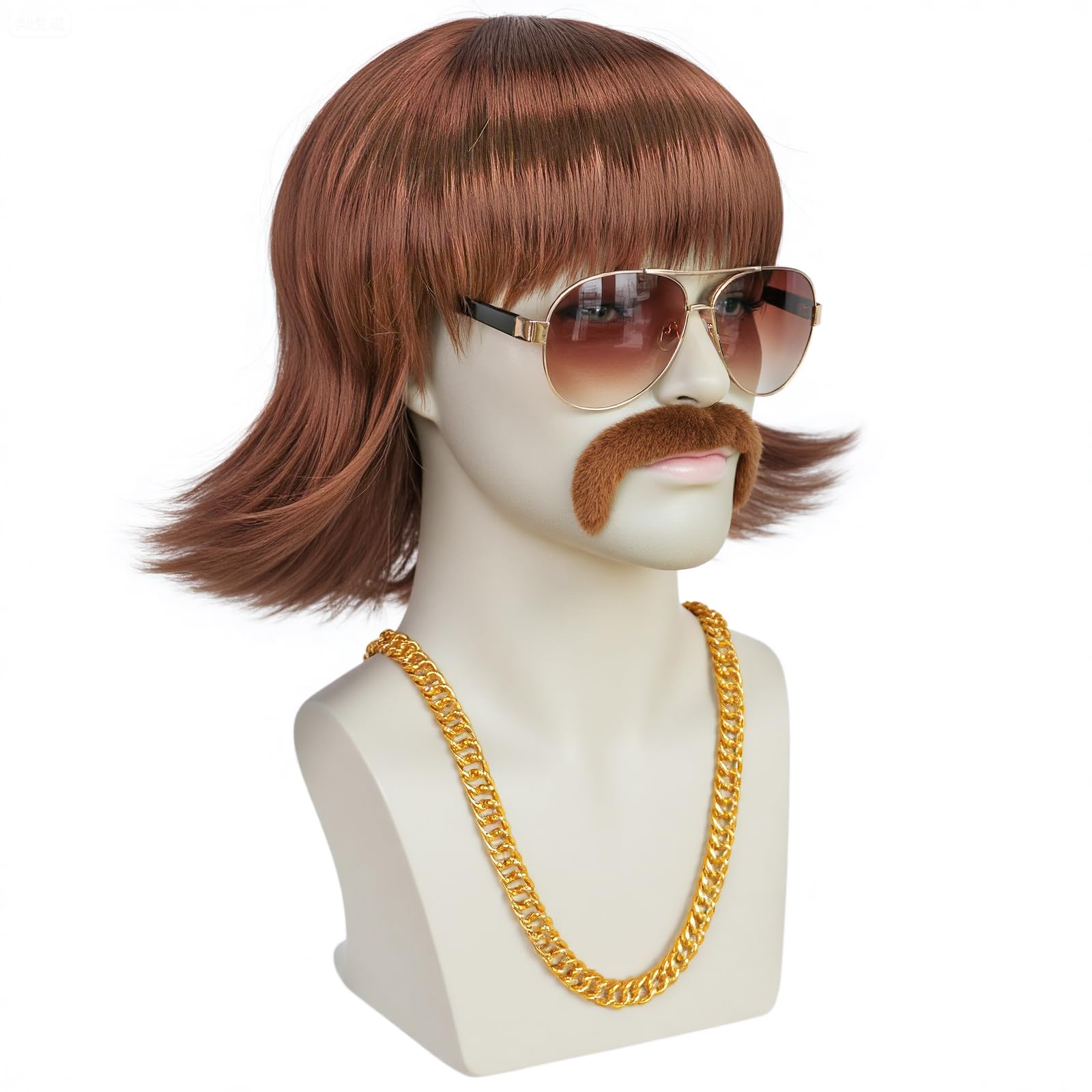 BEKIDER 5PCS Disco Wig Set (Glasses+Chain+Mustache+Hair Cap) 70s Wigs for Men Retro 80s Outfit Shaggy Brown Wigs Mens Wig 70s Outfits Halloween Party Costume - Image 4