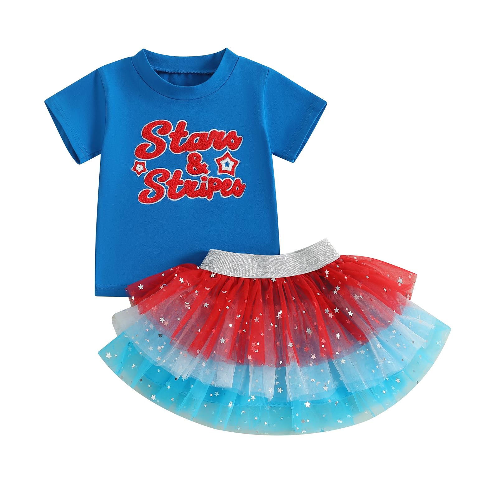Doqcey Toddler Baby Girl 4th of July Outfit Letters Embroidery Short Sleeve T Shirt Star Tulle Tutu Skirt Set Summer Clothes (Blue, 3-4T)
