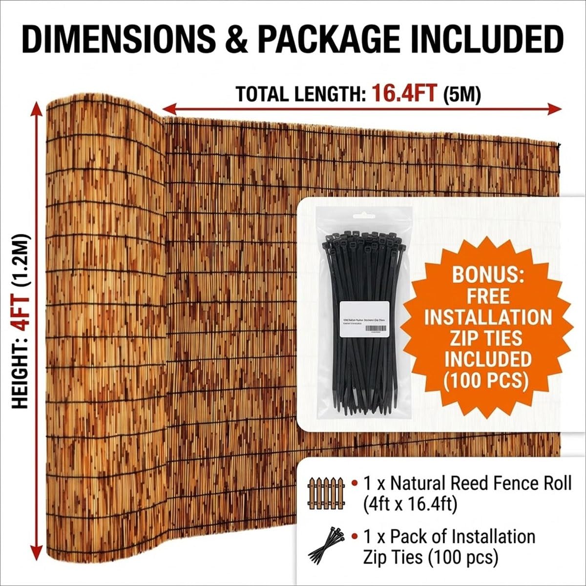Canisse en Roseau Naturel 120x500 cm Brise Vue Balcon Terrasse Jardin Clôture Naturelle en Osier Brise Soleil Coupe Vent Extérieur Canisse Bois Résistante pour Clôture(Natural,1.8mx5.0m)