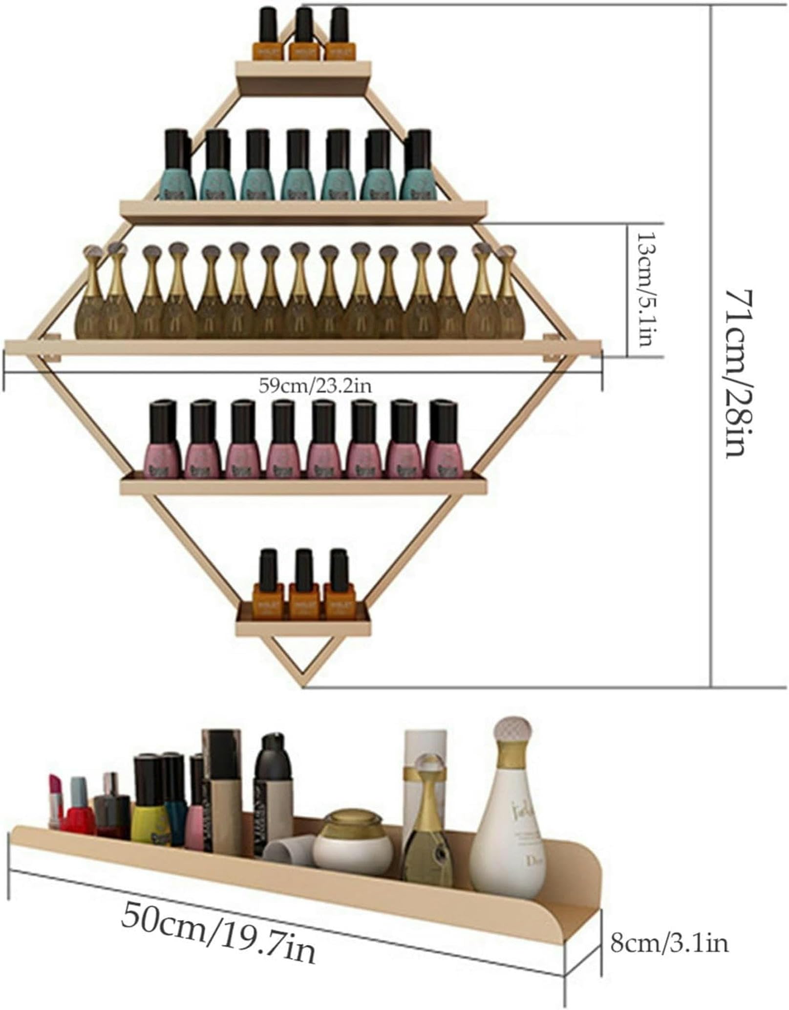 Étagères murales en métal pour Vernis à Ongles, présentoir Triangulaire en Forme de Losange, présentoir pour cosmétiques, Rouges à lèvres, parfums, huiles essentielles (7 pièces dorées)