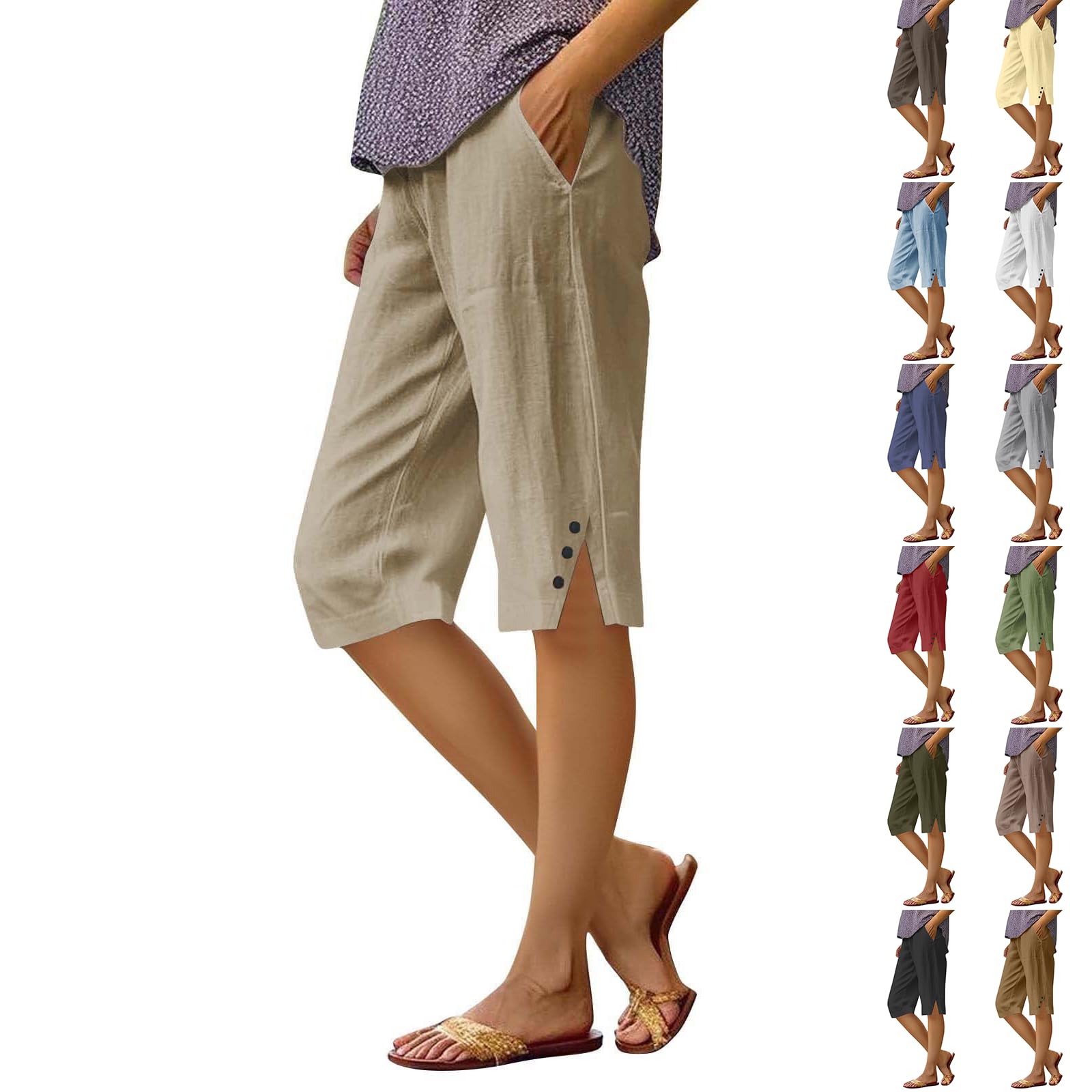 Pedal Pushers for Women Cropped Straight Leg Linen Capri Pants Summer Elastic High Waisted Cover Up Pant with Pockets Lightweight Breathable Linen Short Relaxed Fit Wide Leg Capri Pant 2025 Loungewear