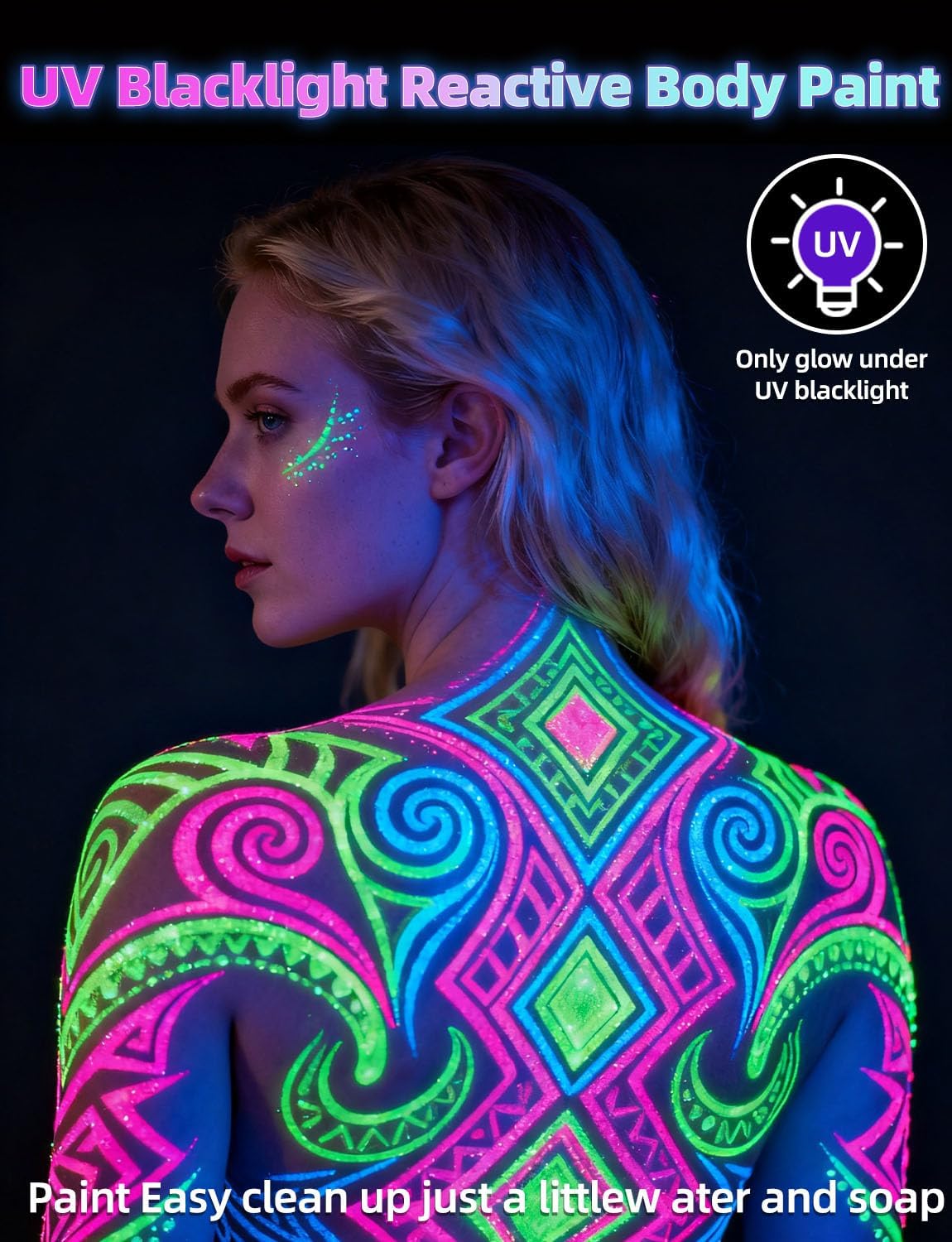 [6 Bottles, 1 oz. Each] Body Paint Glow Blacklight Reactive Neon Fluorescent Paint - Safe For Skin - Washable - Non-Toxic - Six Colors Kit - Image 4