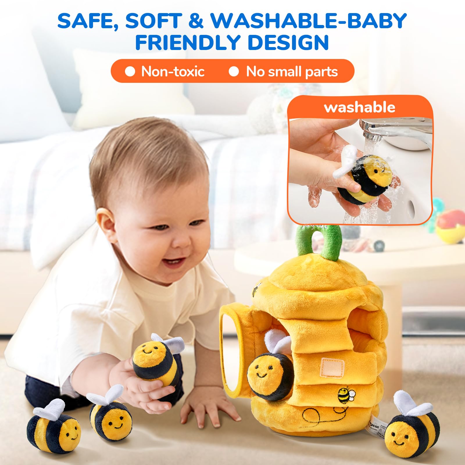 JoyCat Giochi Neonato 6-12 mesi - Alveare Morbido con 5 Api Sensoriali/Sonaglio/Specchio, Giochi Montessori Sensoriale Regalo 6 9 12 18 Mesi Bimbo Bimba 1 Anno