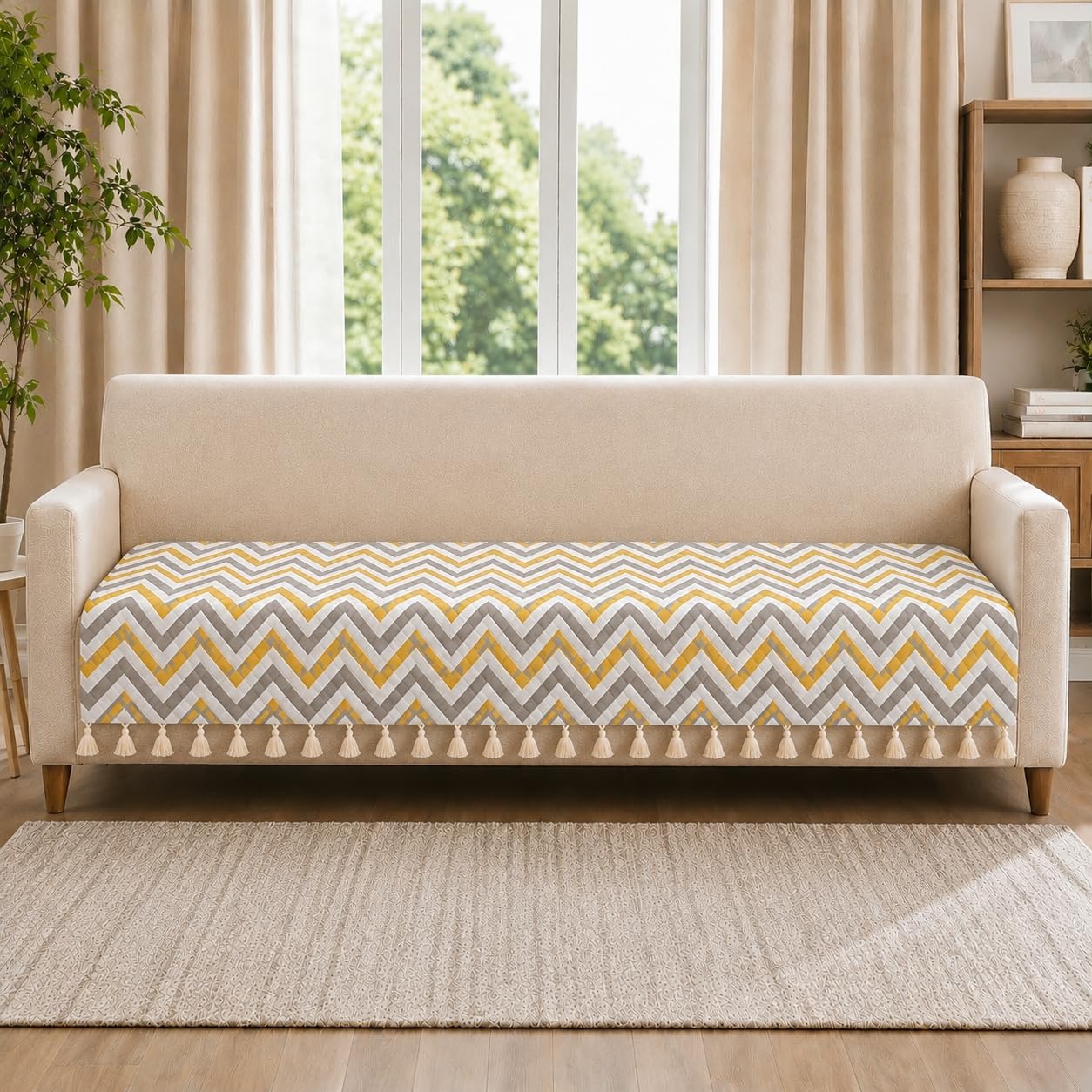 Velvet Quilted Sofa Cover for 4 Seater (92 x 24 Inches) | Yellow Zigzag | Anti-Slip Soft Washable Sofa Seat Cover | Furniture Protector with Tassels-image-37
