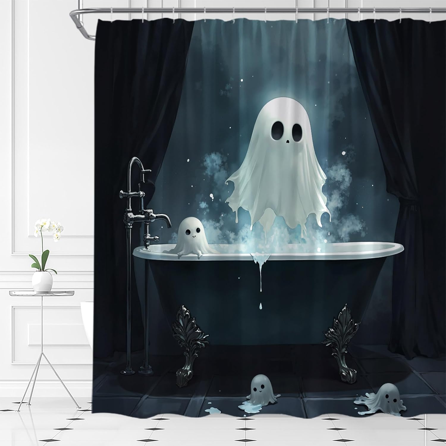 Ghost Shower Curtain Halloween Horror Spooky in Black Bathtub Gothic Scary Trick or Treat Bathroom Curtain Fabric with Hooks(84" Wx70 H)