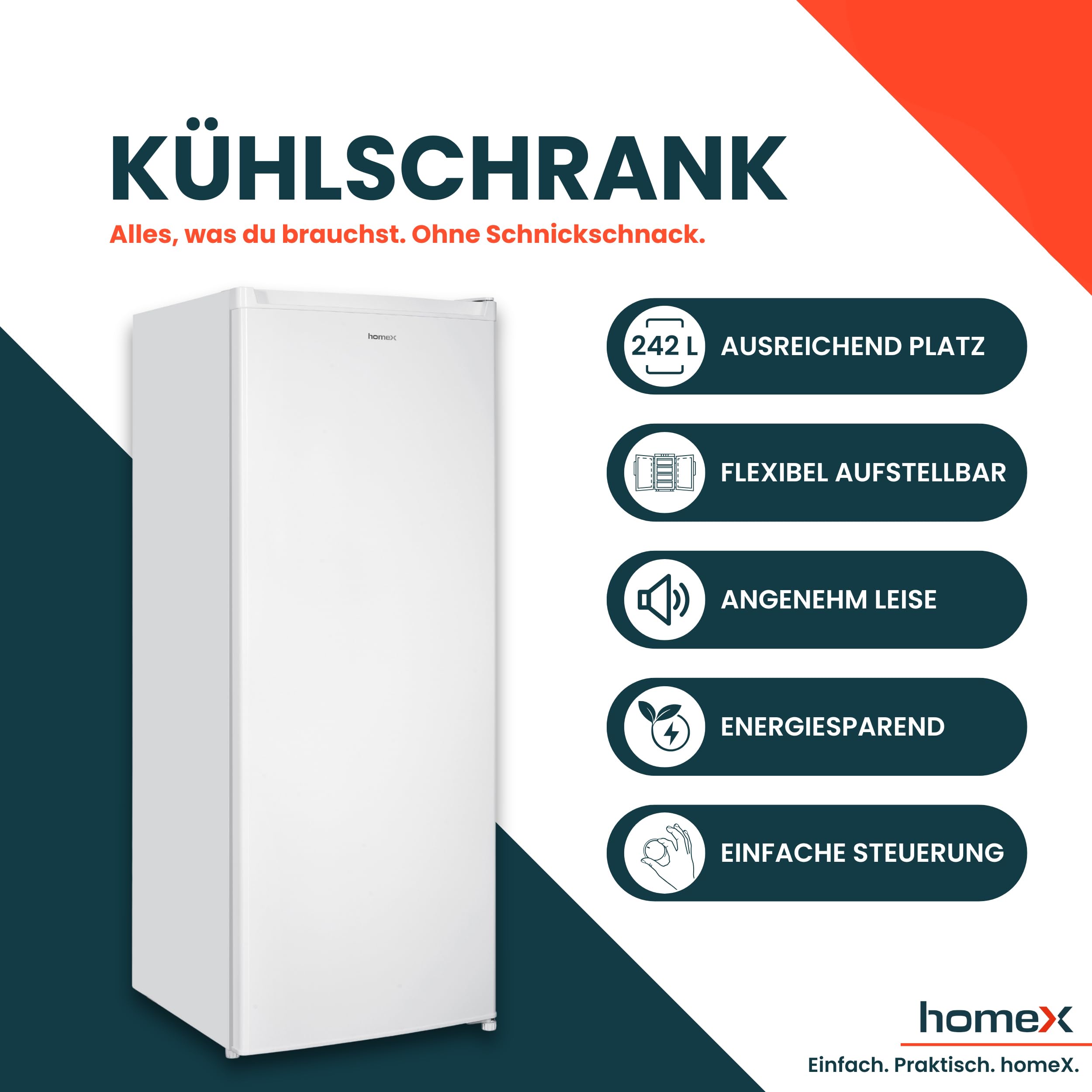homeX Kühlschrank ohne Gefrierfach 242 Liter freistehender Vollraumkühlschrank LED-Beleuchtung weiß CS2421E-W