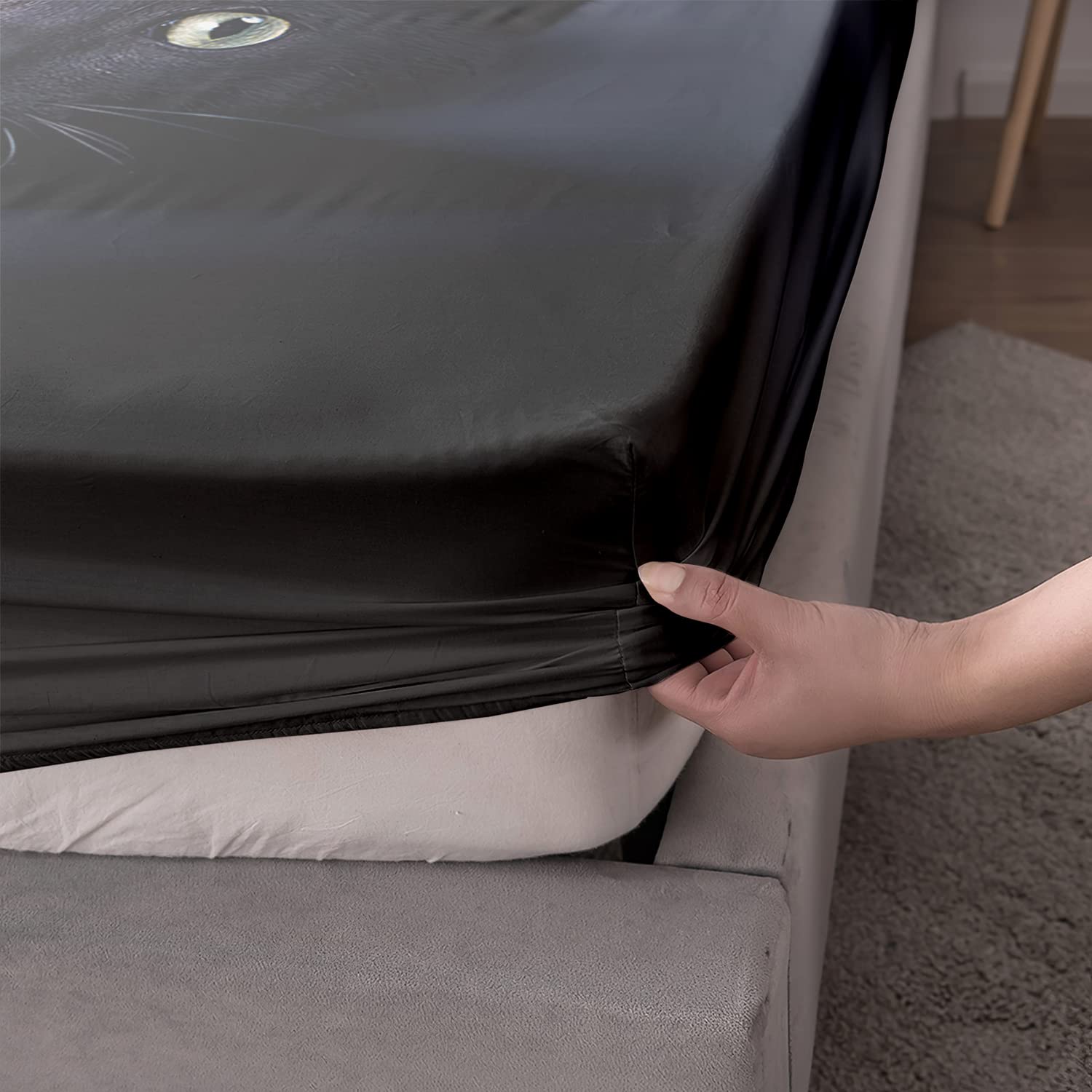 AILONEN Cat Fitted Sheet for Teens, 3D Black Cat Sheet Set Twin Size,Black Cat Bedsheets Set,Cat Bed Sheet Set for Bedroom,Cat Bedding Set,1 Fitted Sheet and 2 Pillow Case,3 Piece