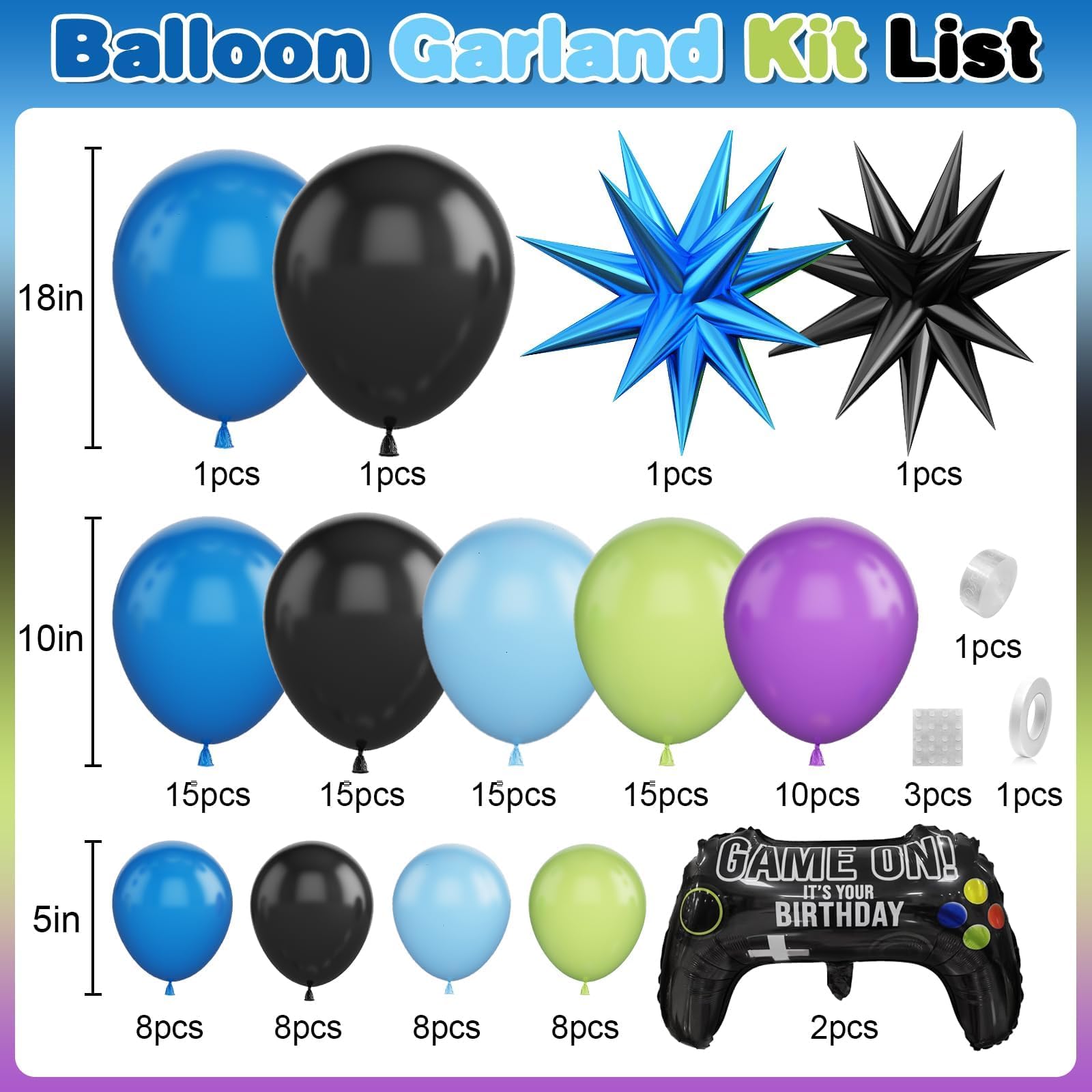 Kit de guirnalda de arco de globos de videojuegos, globos de fiesta azul, morado, verde, negro, con 2 globos de aluminio con mango de juego para temática de videojuegos, fiesta de cumpleaños,