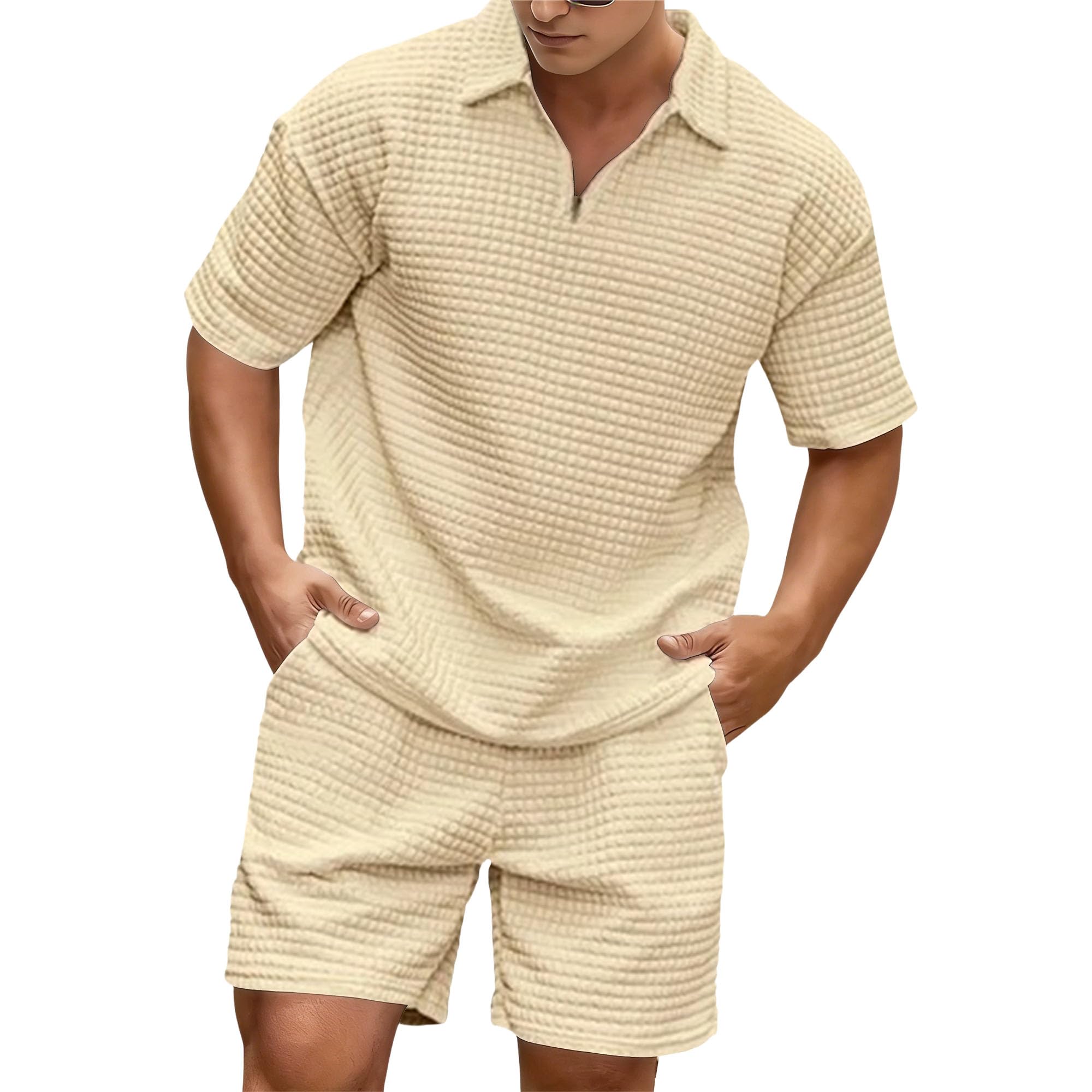 Men Short Sets 2026 Quarter Zip Shirt & Shorts Textured Casual