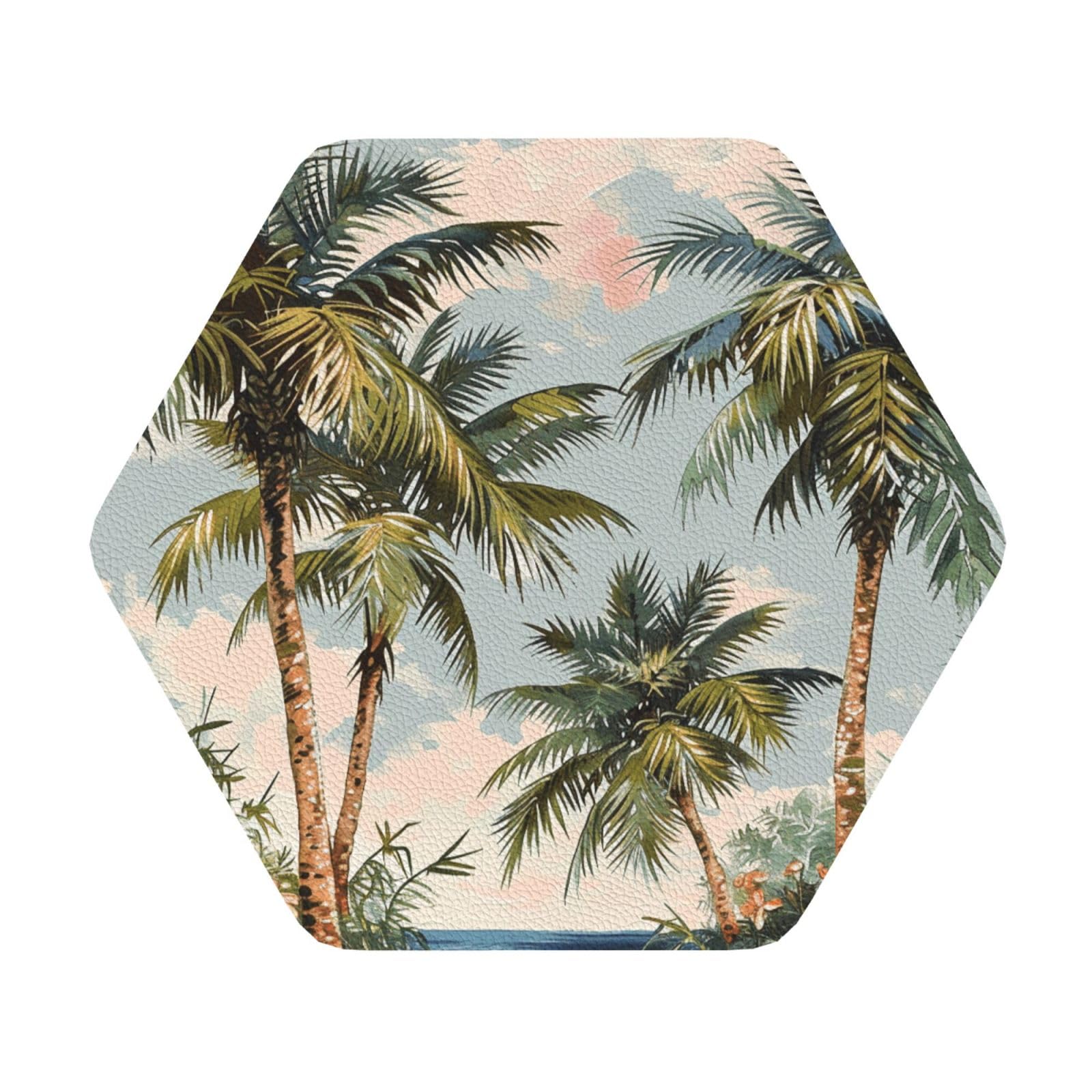 Tropical Palm Trees Printed Coasters for Drinks, Leather Coaster Sets of 4, Funny Coffee Cup Coaster, Absorbent Coaster for Home and Office Kitchen Bar Hexagon