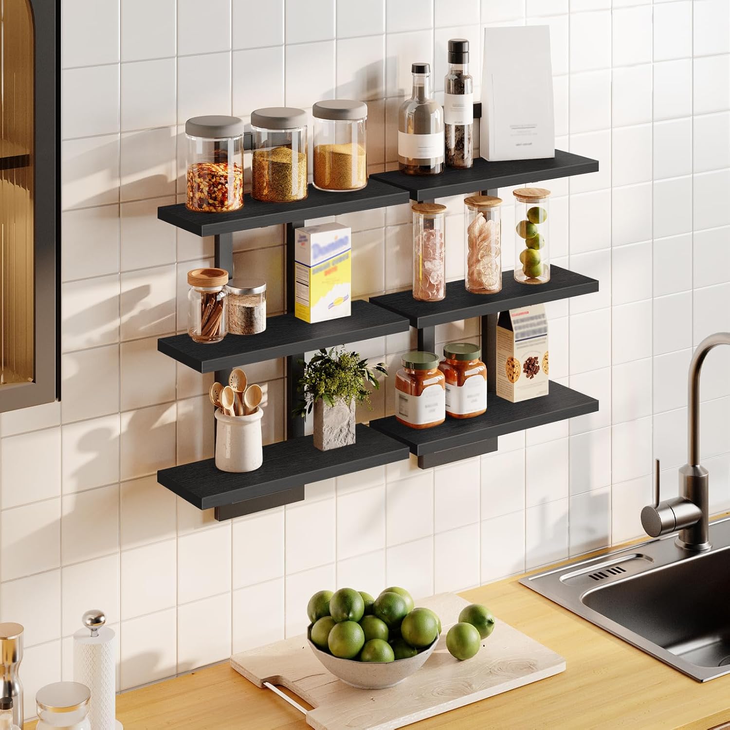 HOOBRO Floating Shelves, Set of 2 Wall Shelves, 3-Tier Wall Mounted Storage Shelves, Hanging Bathroom Shelves, for Living Room, Bedroom, Bathroom, Kitchen, Black BK31BJP201
