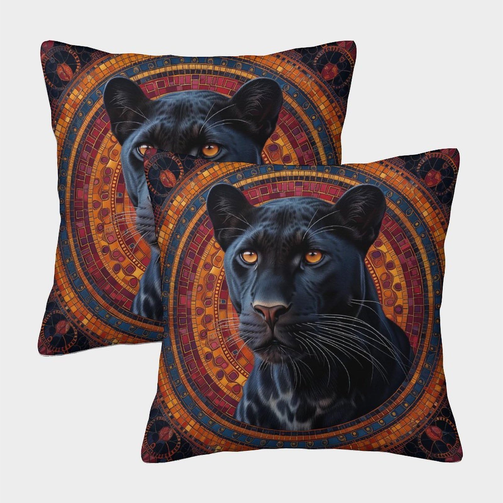 kaiyun 2 Pack Black Panther Luxury Digital Printed Soft 3D Mandala Themed Square Cushion Cover 50x50cm