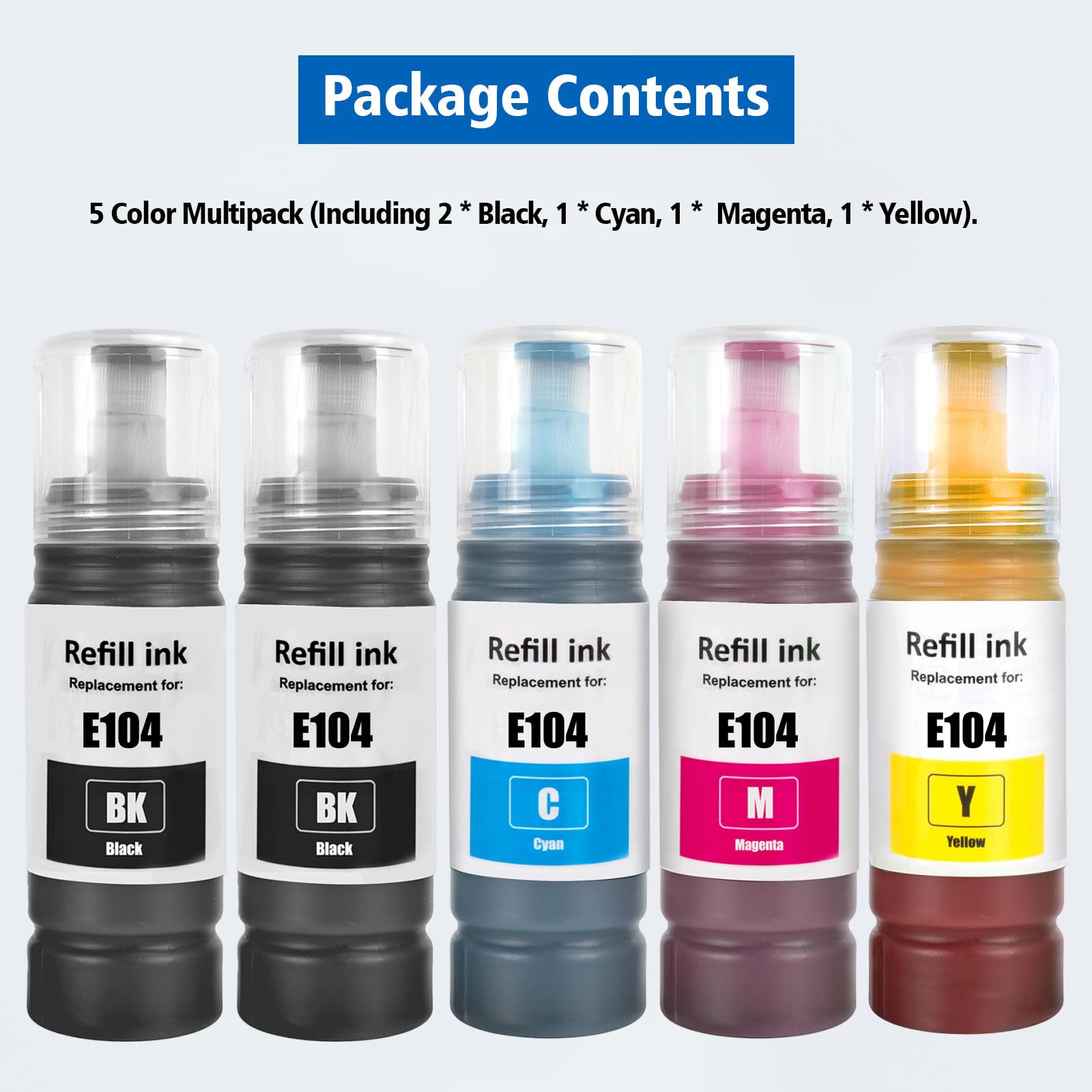 104 Inchiostro Multipla Compatibile per Epson 104 ET-2810 ET-2815 ET-2820 ET-2825 ET-2710 ET-2711 ET-2712 ET-2714 ET-2715 ET-2720 ET-2721 ET-2726 ET-4700 ET-4800 Stampante (BK*2/C/M/Y)