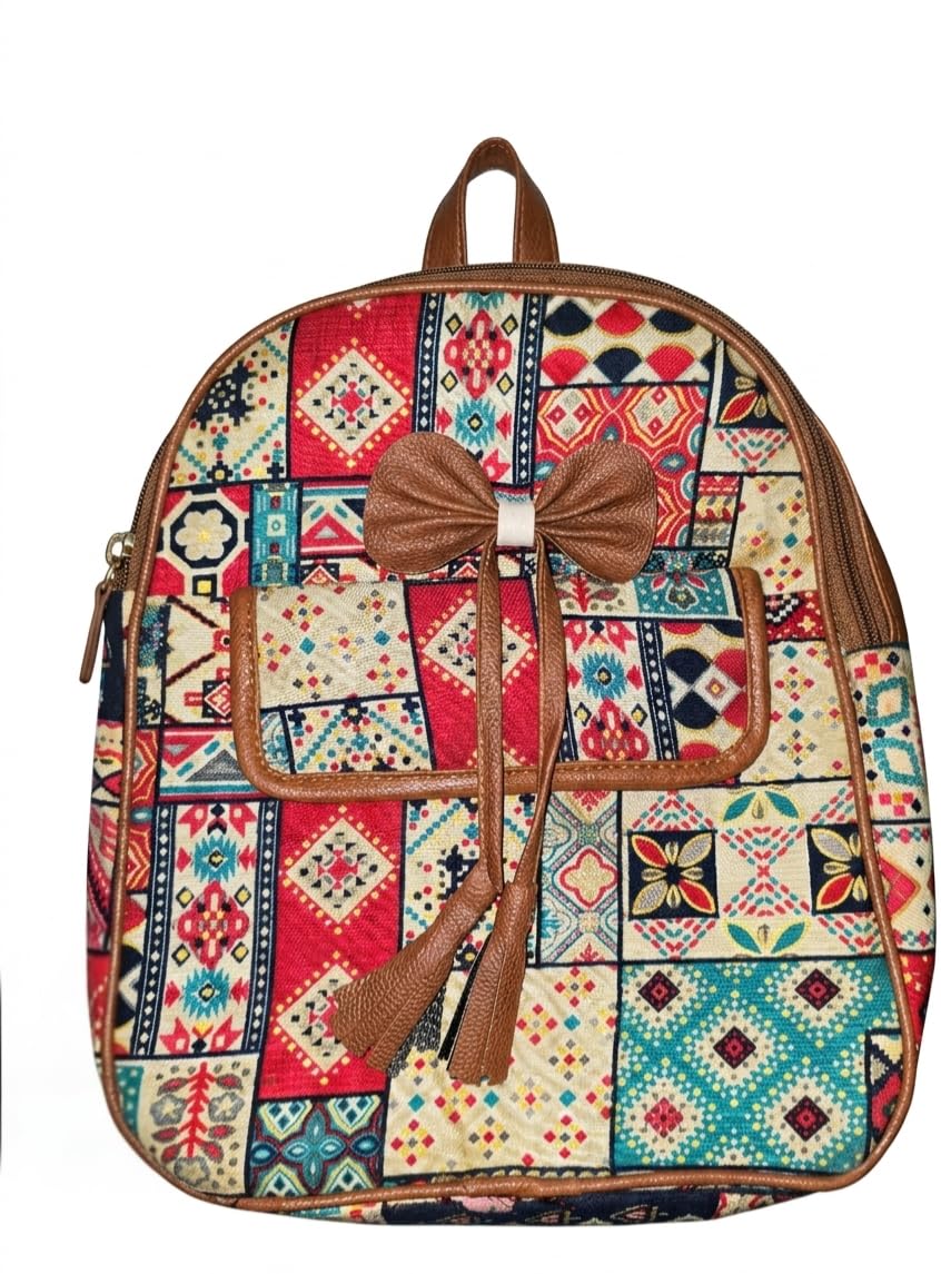 Multicolour Bohemian Patchwork Print Backpack with Bow Detail, Faux Leather Trim, Casual Daypack for Women-image-1