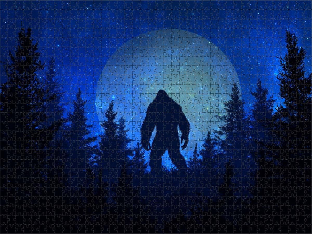 Silhouette Bigfoot in Forest Under Full Moon Starry Night Sky Digital Art Wooden Jigsaw Puzzle 500 Pieces for Adults Dark Pine Trees Perfect Family Game Night Gift Idea for Men Women Mystery Lovers