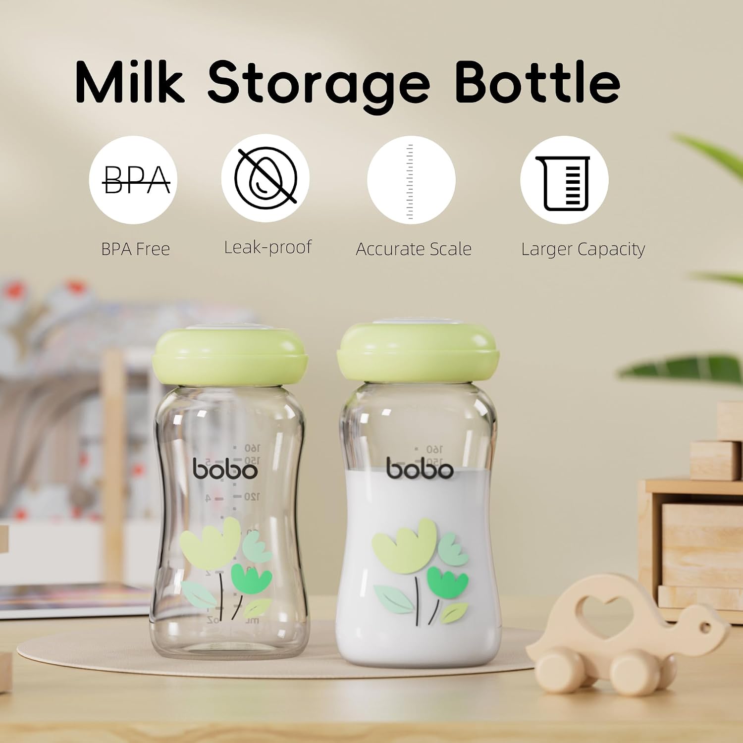 YOHKOH Glass Breast Milk Storage Bottles - 100% Leak-Proof, BPA-Free Breastmilk Storage Containers, Freezer & Dishwasher Safe, Ideal for Nursing Mothers (Green, 5.4oz, Pack of 4)