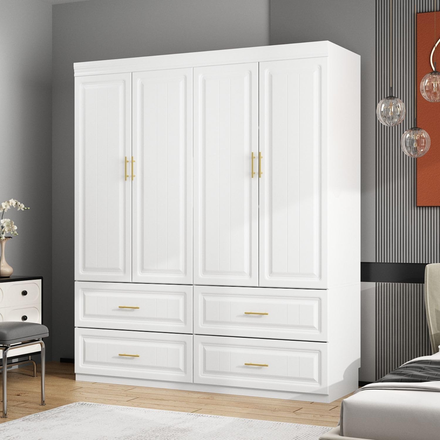 MOUMON 4 Door Wardrobe Closet with 4 Drawers & Shelves, Armoire Wardrobe Closet with Hanging Rod, for Bedroom White and Gold 63”W x 20.6”D x 74.9”H