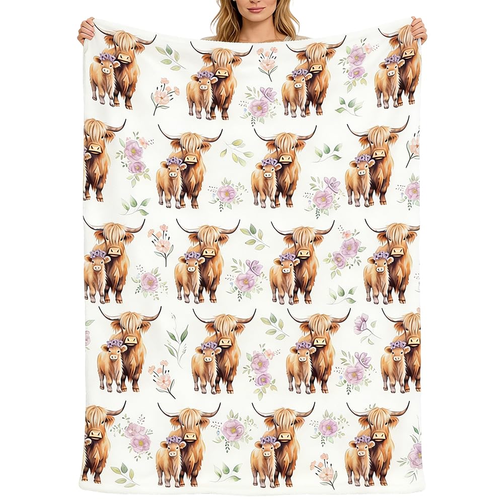 Highland Cow Print Blanket, Cute Cattle Print Flannel Throw Blanket,Ultra-Soft Plush Fleece for Bed Couch Sofa Camping Travel Cosy Gifts for Scottish Cow Enthusiasts Women Adults 100x130cm