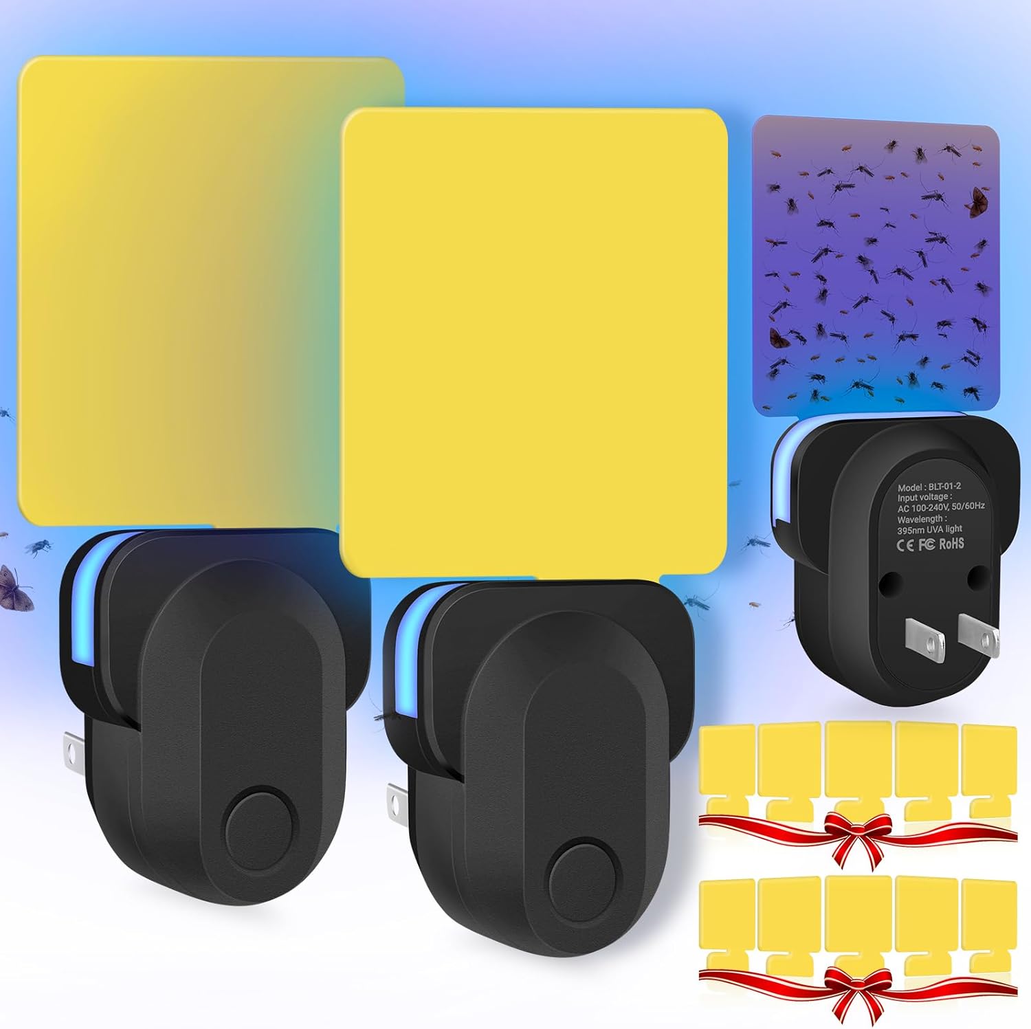 Indoor Plug-in Flying Insect Trap, Gnat & Fruit Fly Traps for House Indoor, (2 Device + 10 Refills) Non-Toxic UV Light Fly Trap, Gnat Killer Bug Catcher for Flies, Gnats & Moths - Black