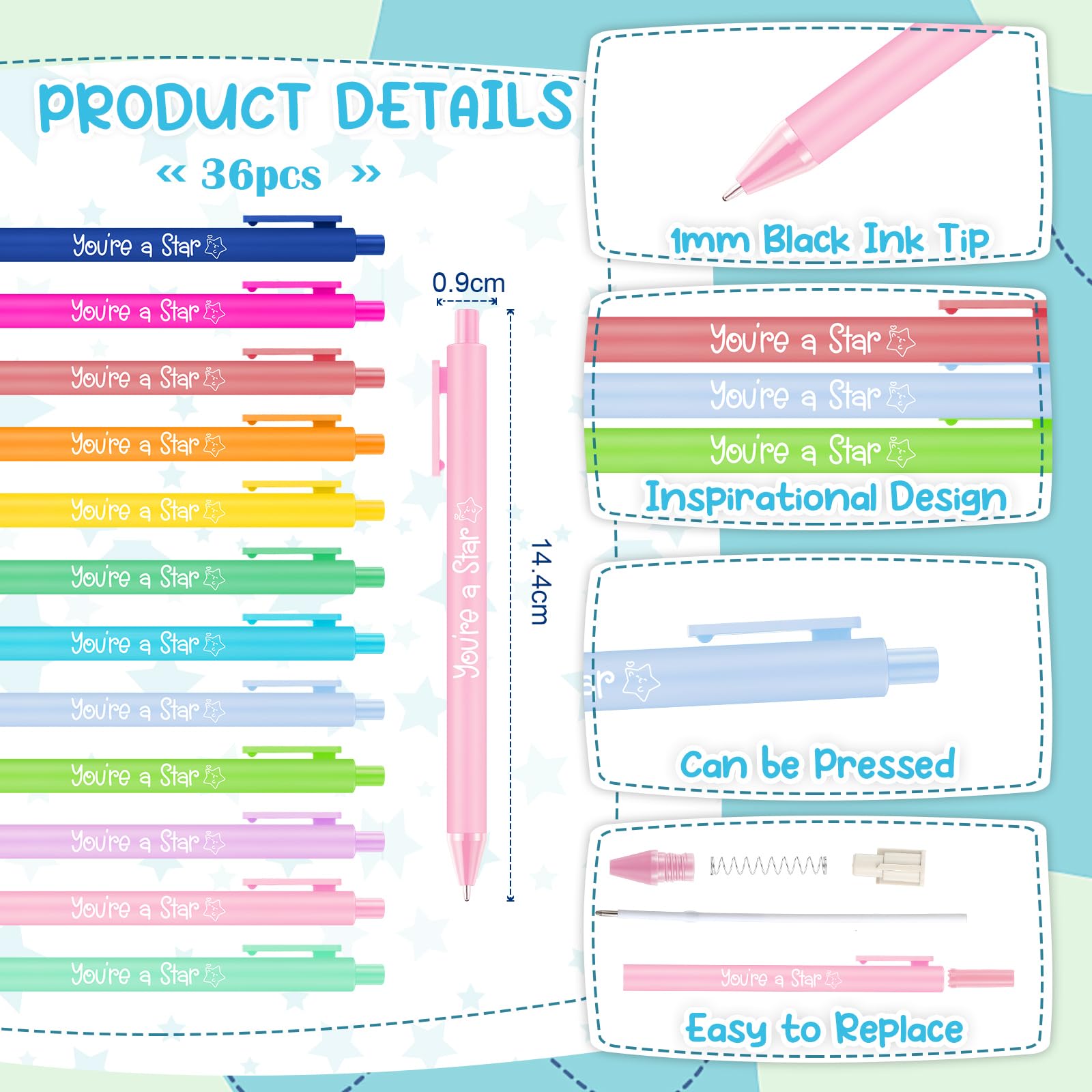 Clabby 36 Set End of Term Gifts for Students from Teachers Bulk You're a Star Keep Shining Inspirational Notebooks with Colorful Pens Gifts for Class Rewards End of Year School Leavers - Image 3