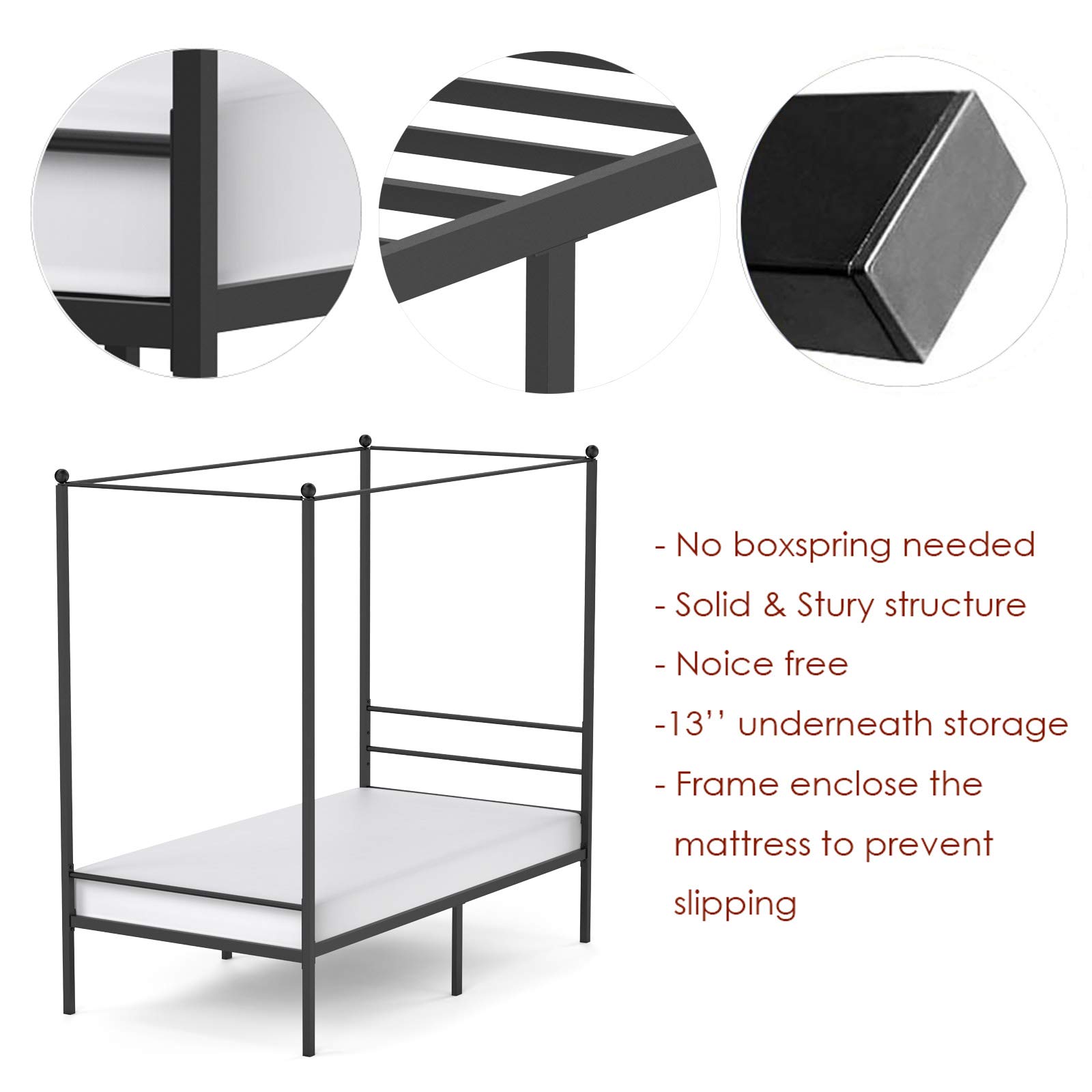 JOM Canopy Bed Frame Twin Size Black Metal 4 Poster Single Bedframe Modern Post Corner with Headboard for Girls Boys