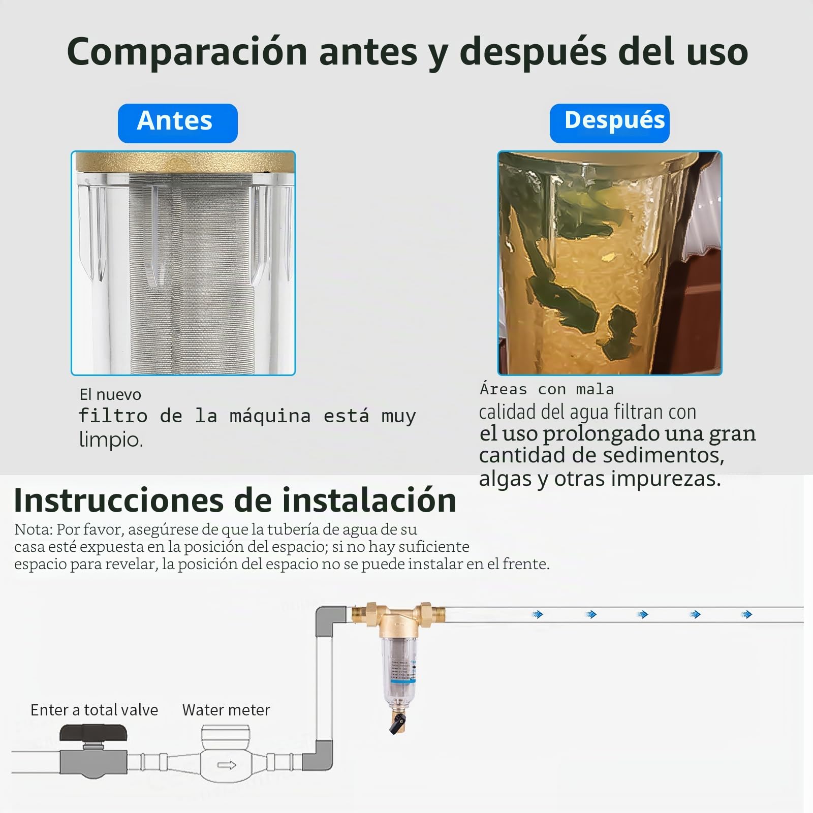 Filtro de agua de 100 micrones, filtro de agua de sedimentos spin-down, filtro reutilizable para manguera de agua de pozo, filtro de sedimentos (G 1" con G 3/4")