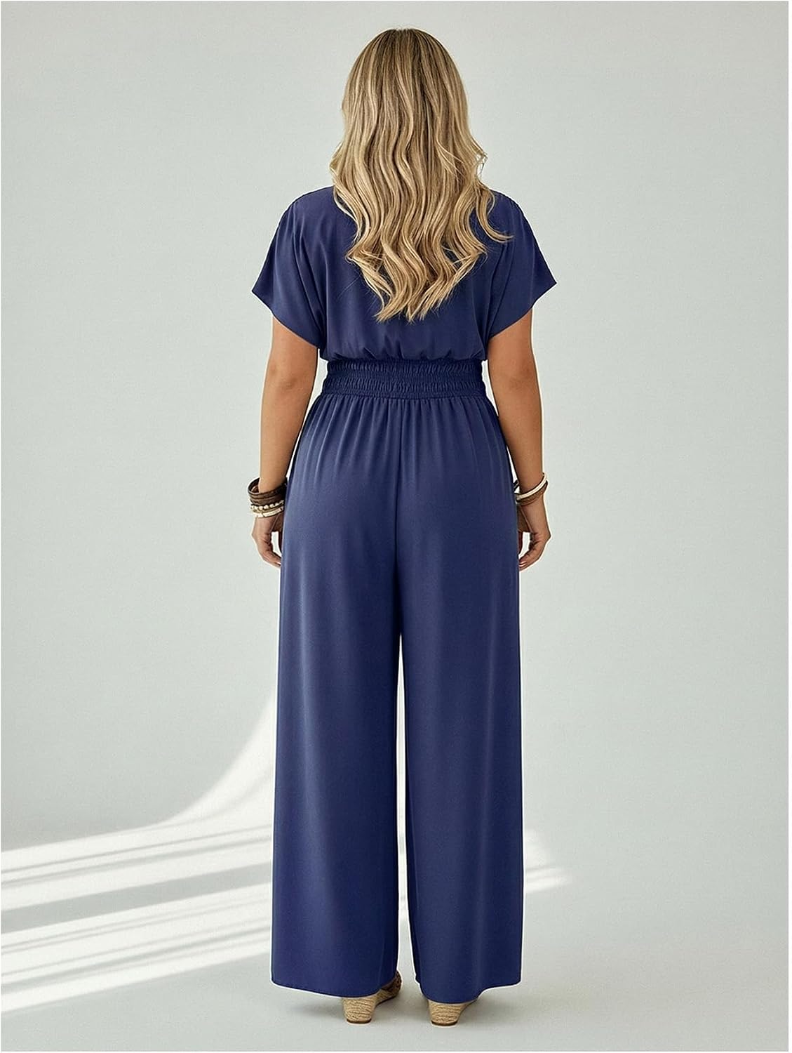 Women's Plus Size Deep V Neck Short Sleeve Jumpsuits Summer Shirred Wide Leg Vacation Rompers