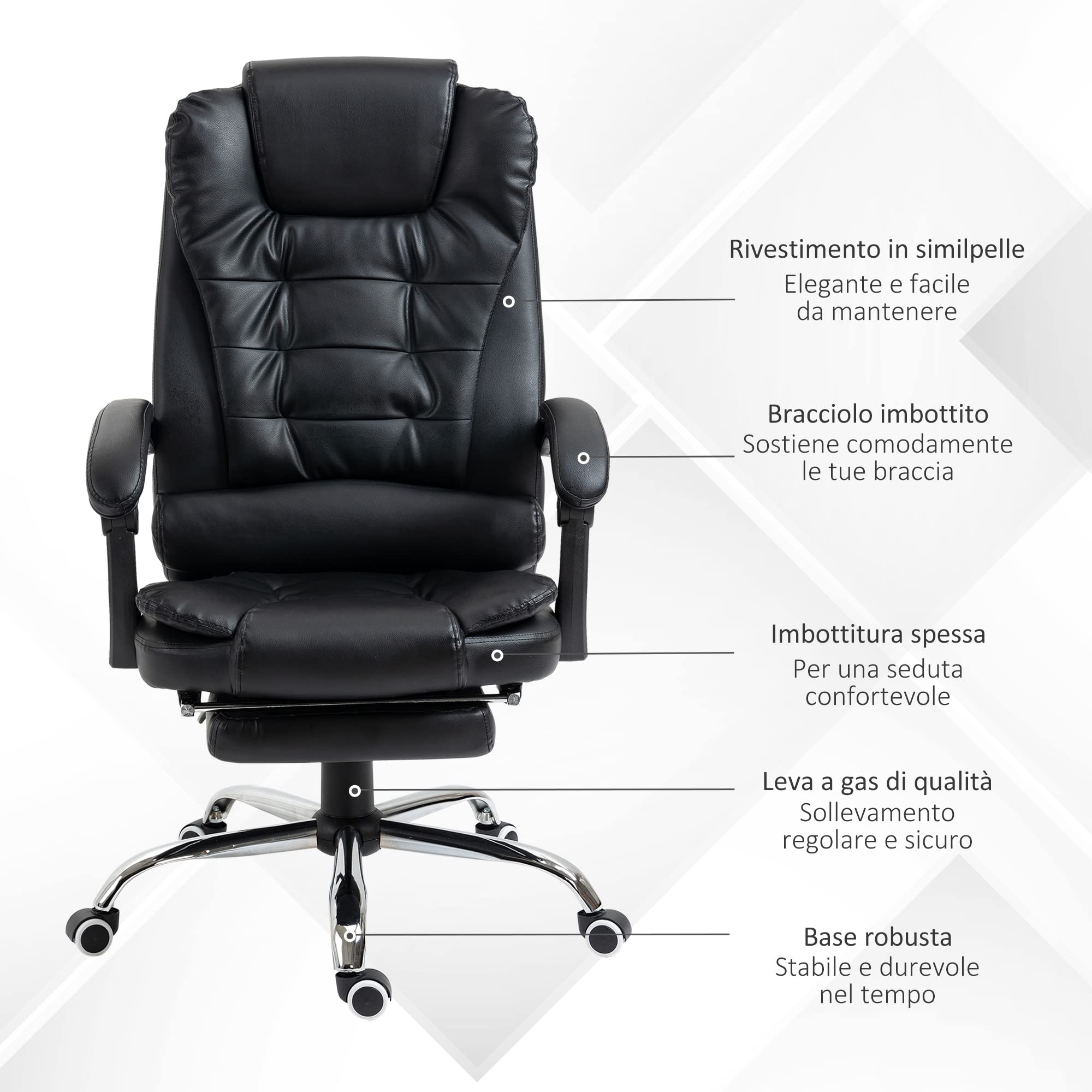 HOMCOM Sedia da Ufficio Ergonomica Presidenziale in Pelle PU con Supporto Lombare, Poltrona da Ufficio Girevole con Schienale Alto Reclinabile 145°, Altezza Regolabile e Poggiapiedi Estraibile, Nero