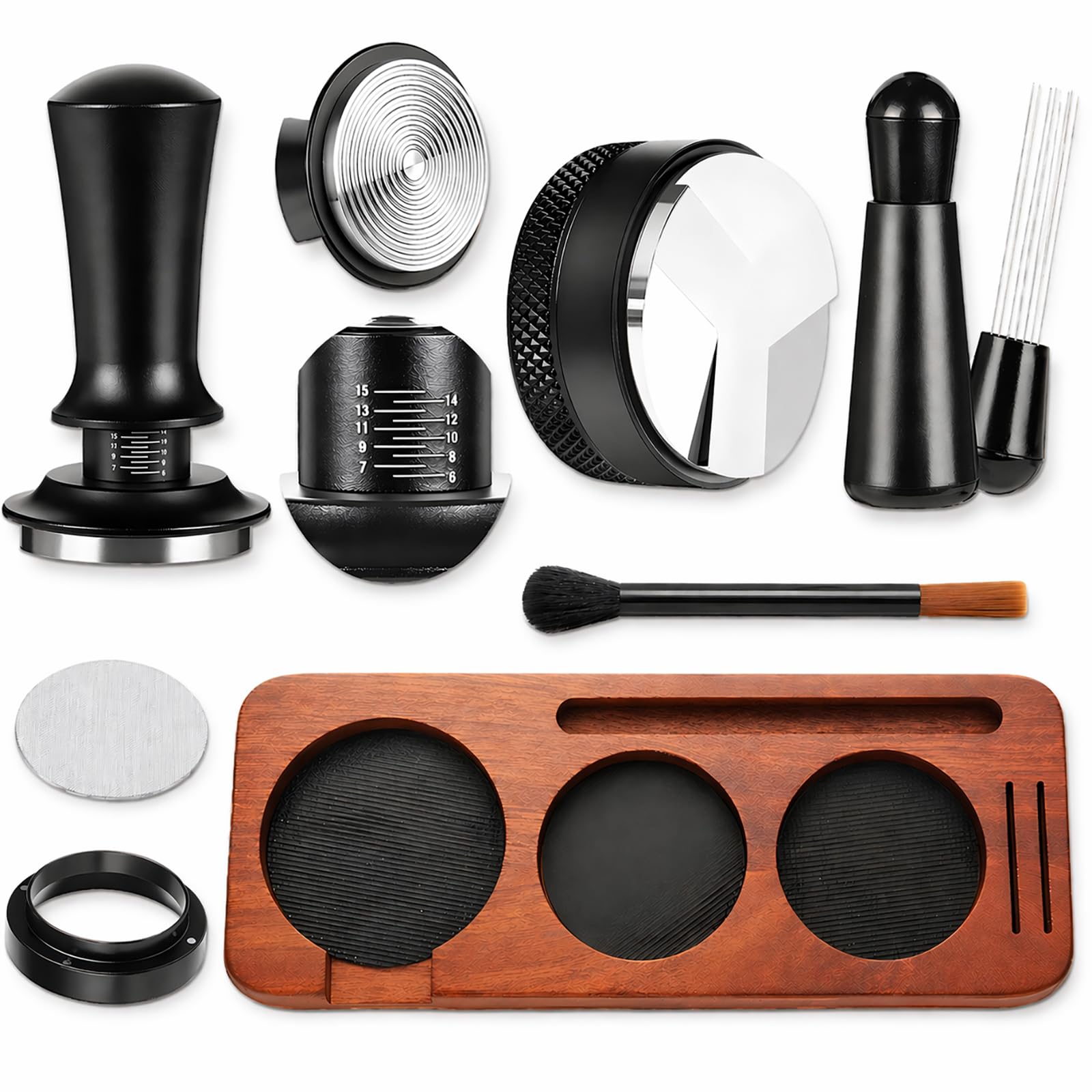 54 mm Espresso Zubehör Set 7-teilig – Barista Zubehör & Tamper Set mit Tamperstation aus Sapeleholz, Tamper, Kaffee Distributor, WDT Tool, Dosierring & Puck Screen für Sage/Breville Siebträger