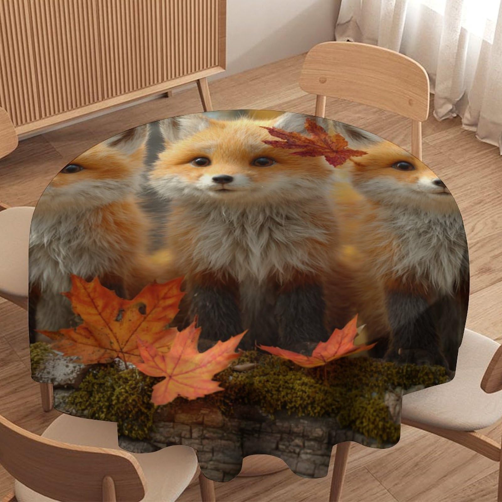 LUYYSKY Cute Funny Fox Round Tablecloth Oil Painting Colorful Natural Fall Woodland Maple Leaves Animals Foxes Washable Decor for Table Cover for Kitchen-127 Wx127 L cm