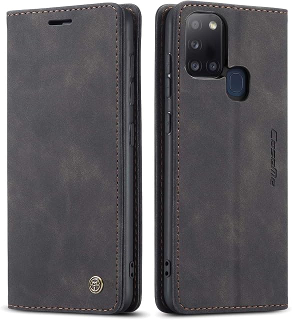 QLTYPRI Case for Samsung Galaxy A21S, Vintage PU Leather Wallet Case Card Slot Kickstand Magnetic Closure Shockproof Flip Folio Case Cover for Samsung Galaxy A21S - Black