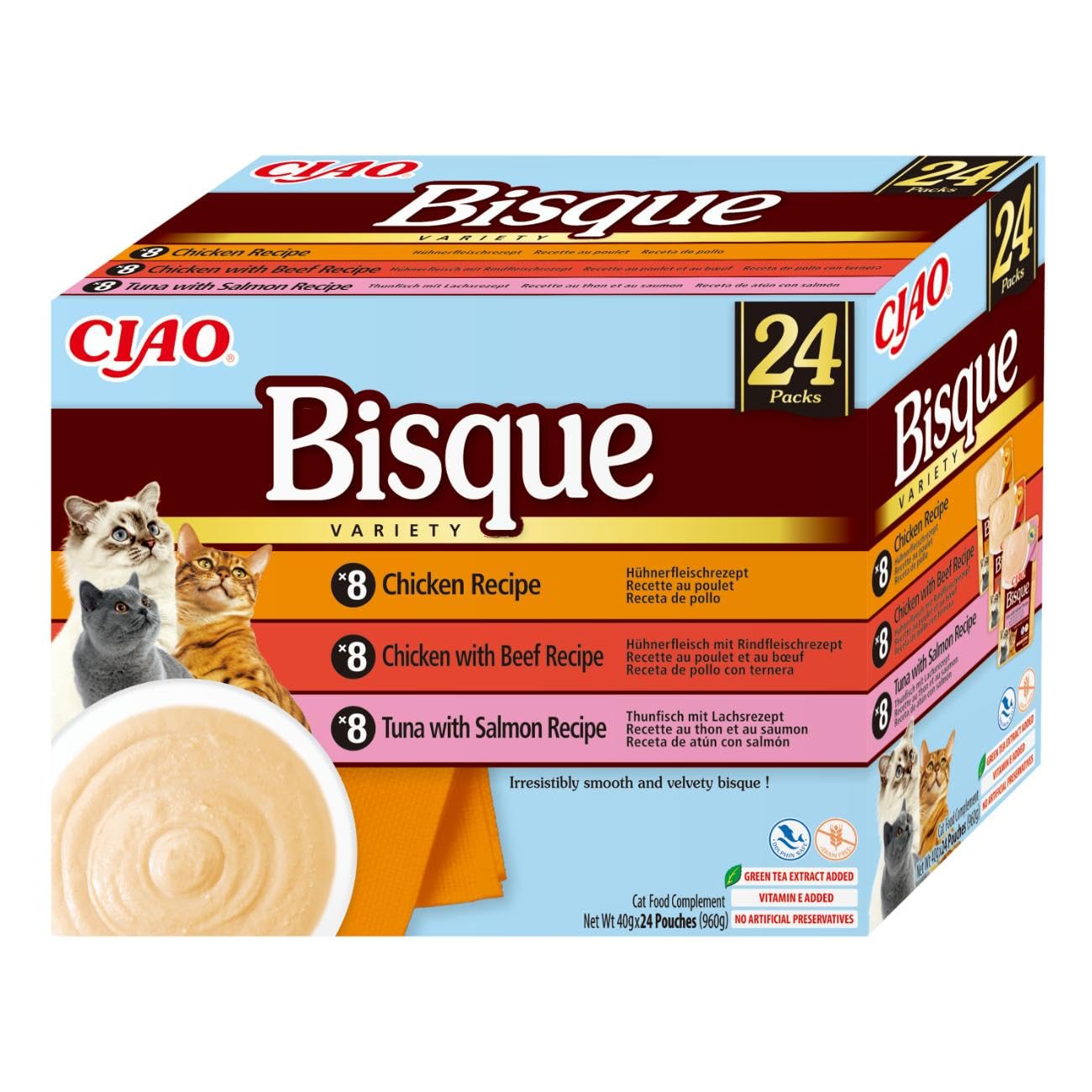 INABA Ciao Bisque przysmaki dla kotów z wysokiej jakości składnikami, bogate w wilgoć i białko, niskokaloryczne, bez zbóż i cukru, 40 g (opakowanie 24 szt.)