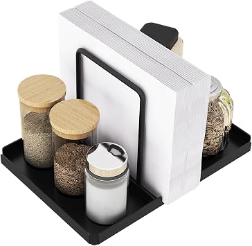 Napkin Holder for Table with Salt and Pepper Shakers Caddy, Black | Metal Napkin Holder, Standing Paper Napkin Storage for Kitchen Dining Table Decor